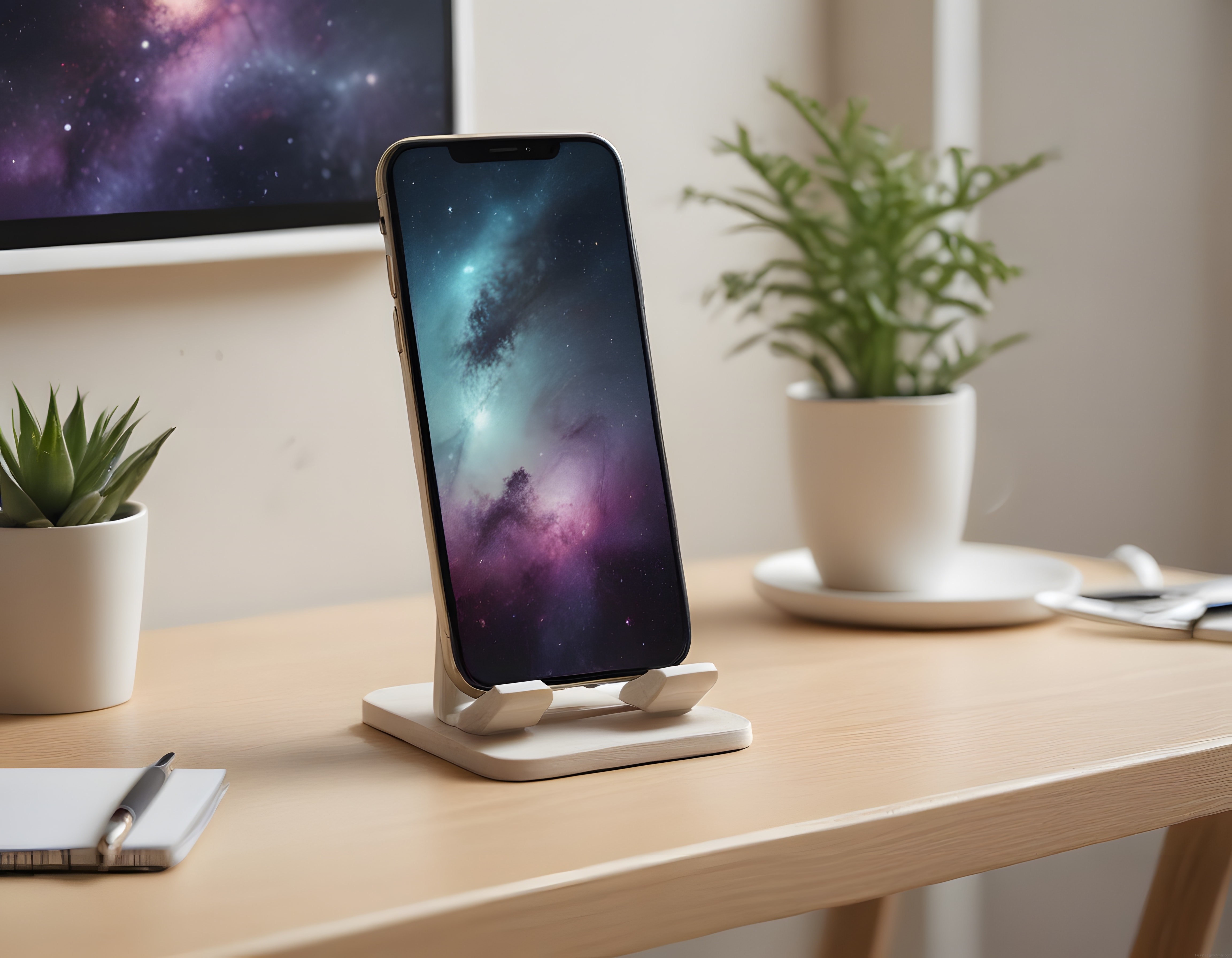 Ahşap Masada Stand Üzerinde Uzay Temalı Ekranıyla Modern Akıllı Telefon