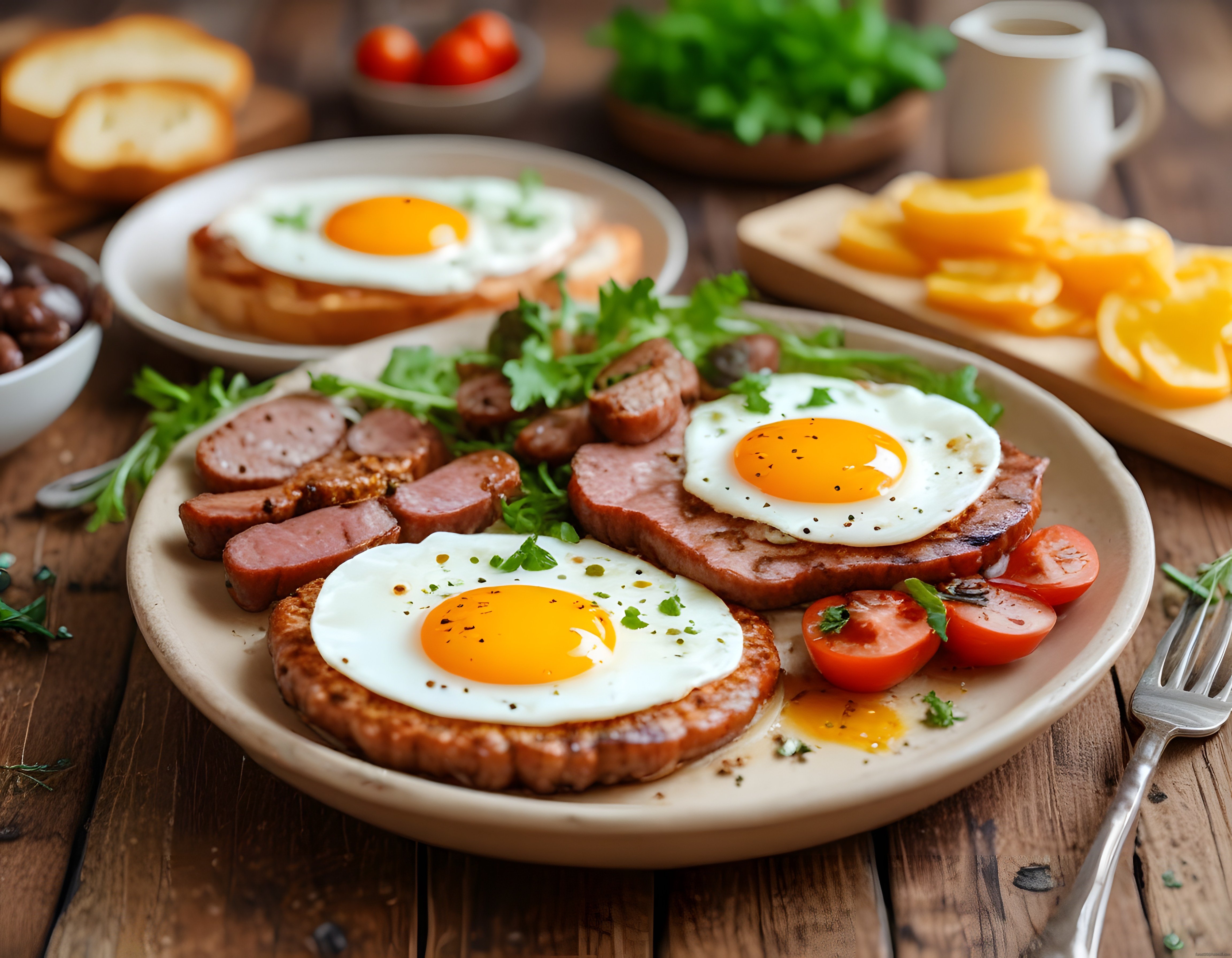 Ahşap Masada Sucuklu ve Güneş Yumurtalı Efsanevi Kahvaltı Tabağı Sunumu