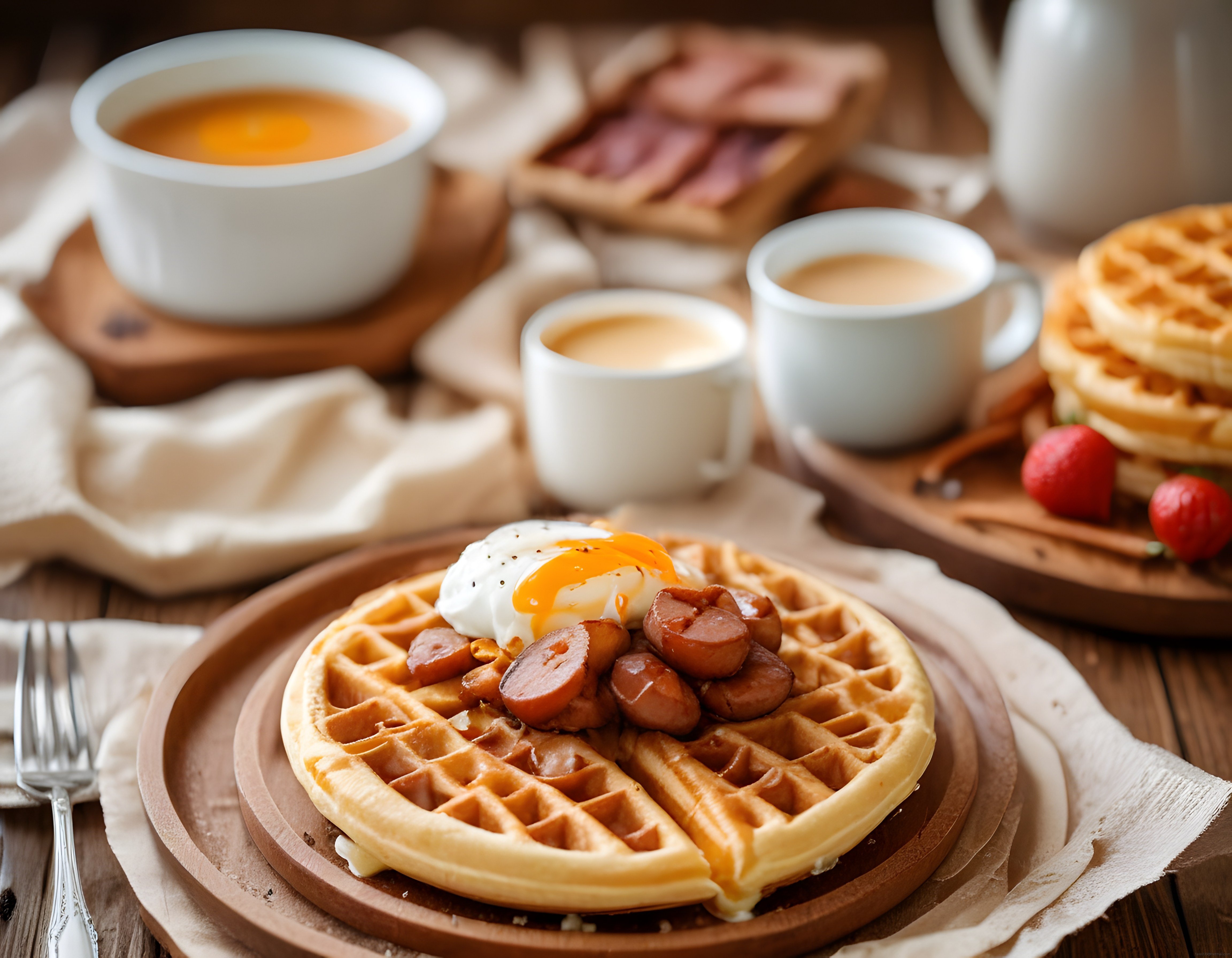 Ahşap Masada Sucuklu Waffle ve Yumurtalı Leziz Kahvaltı Tabağı