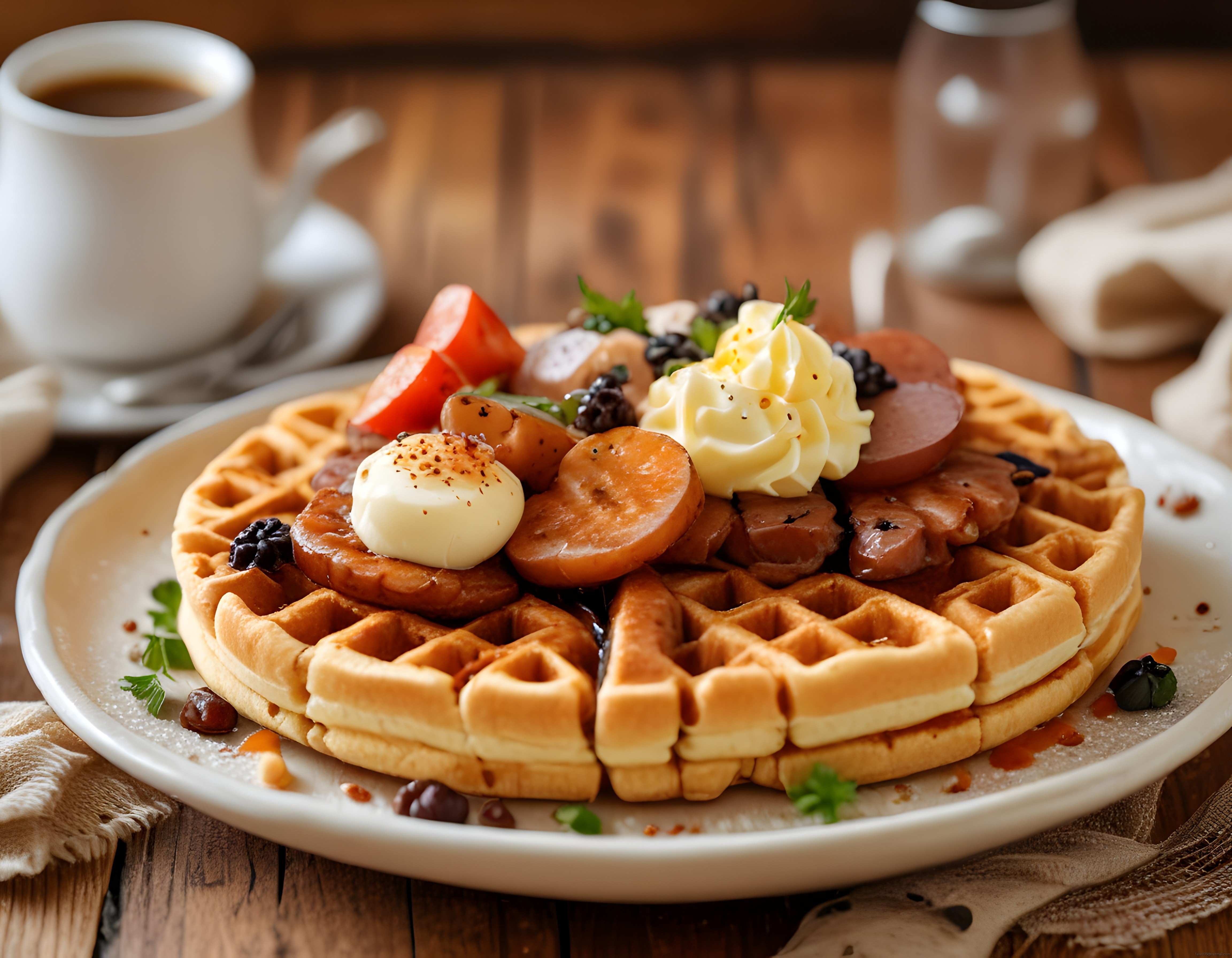 Ahşap Masada Sucuklu Yumurtalı Waffle: Sıcak ve Rustik Bir Kahvaltı Keyfi