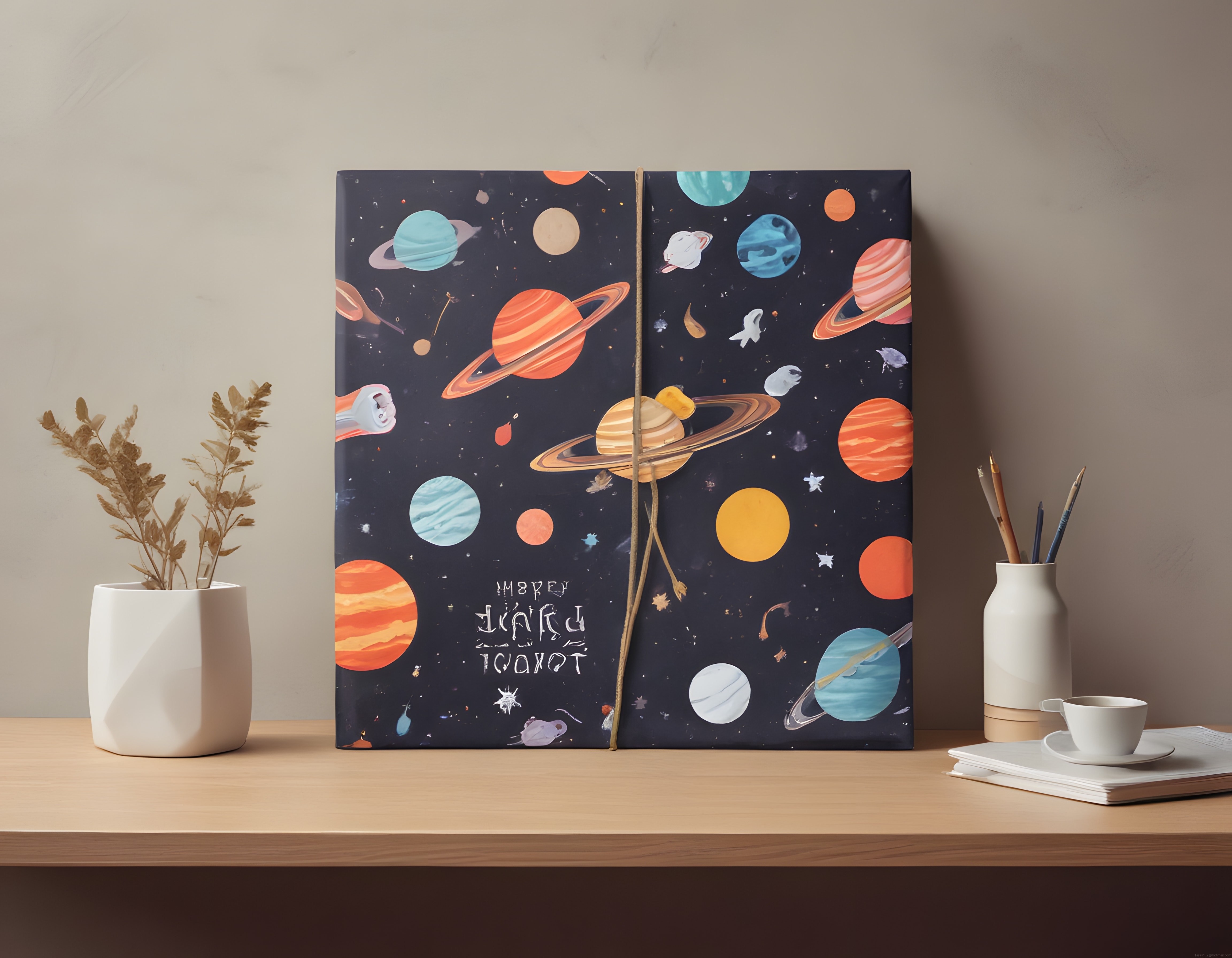 Ahşap Masada Suluboya Gezegen Desenli Defter ve Sıcak Masa Köşesi