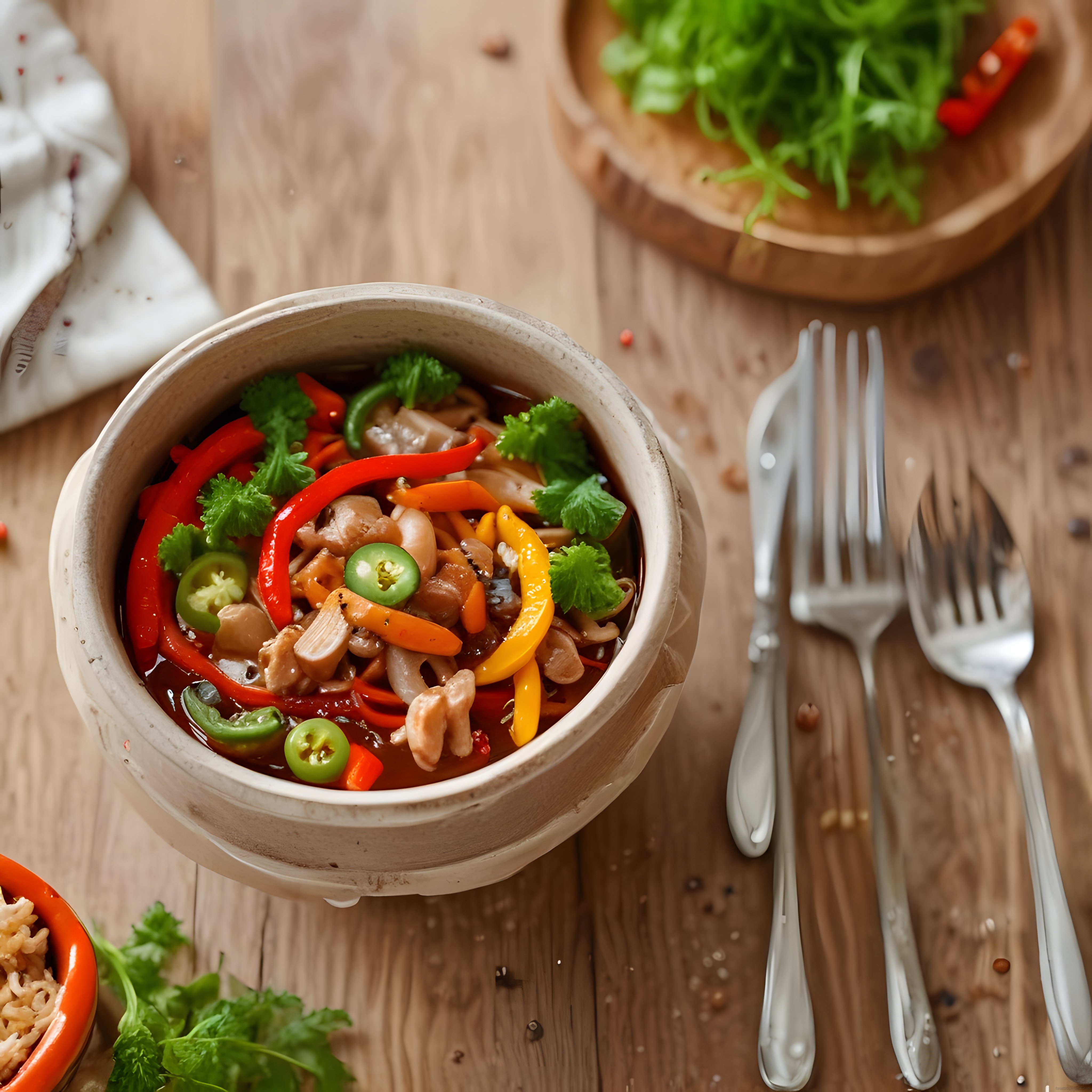 Ahşap Masada Sunulan Baharatlı Asya Usulü Tavuklu ve Sebzeli Noodle Çorbası