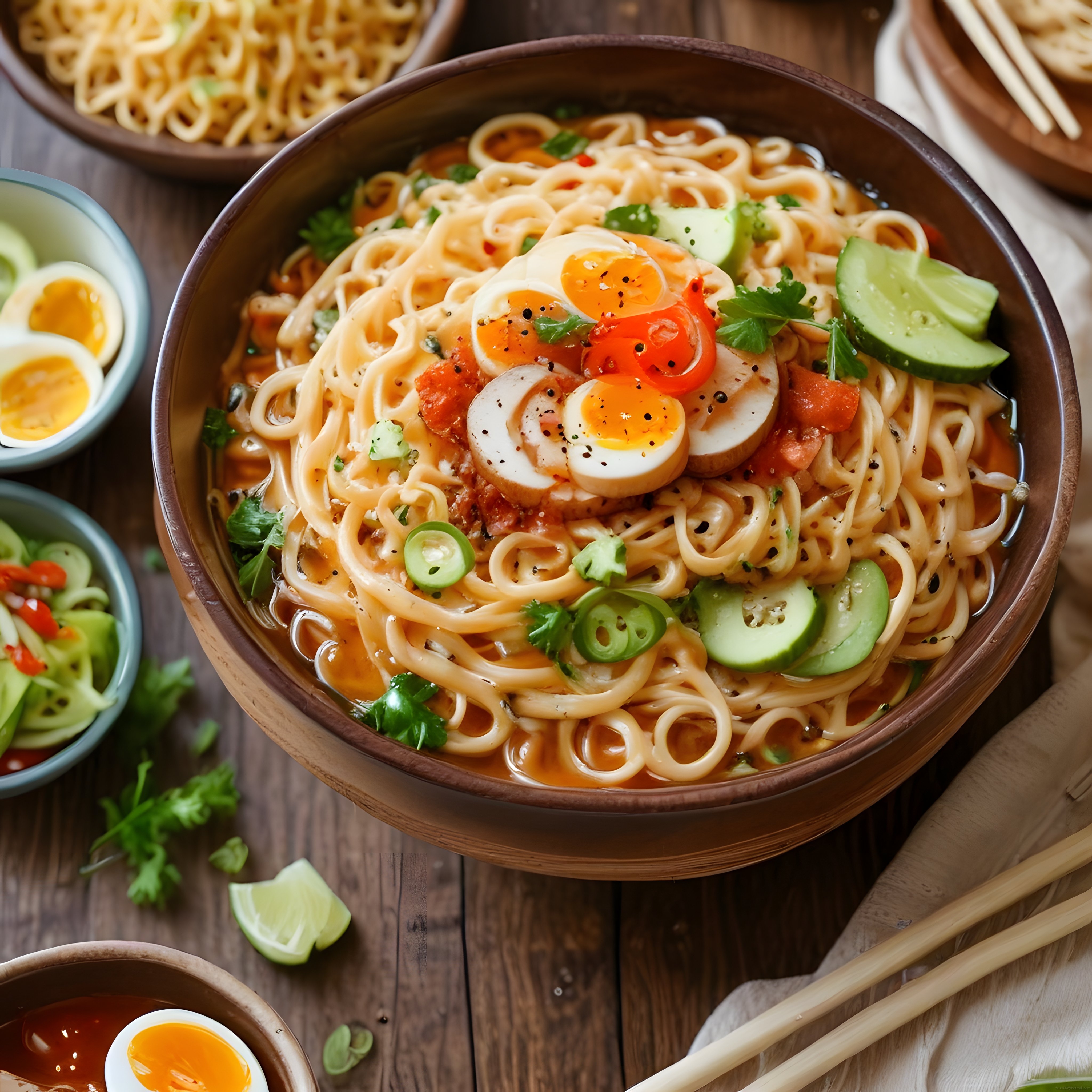 Ahşap Masada Sunulan Baharatlı Noodle ve Yumurtalı Göz Alıcı Asya Kasesi