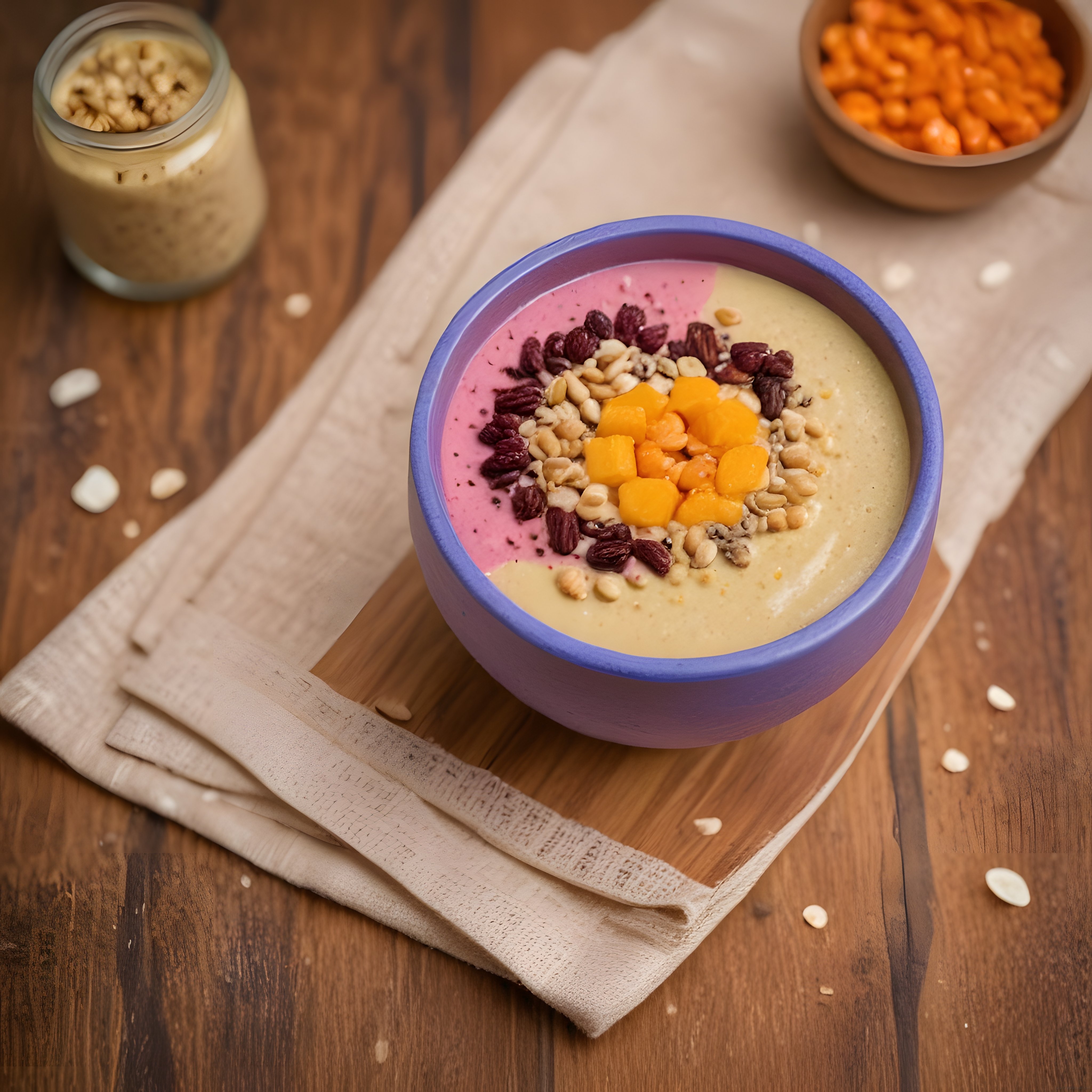 Ahşap Masada Sunulan Çift Renkli Smoothie Bowl ile Sağlıklı Kahvaltı
