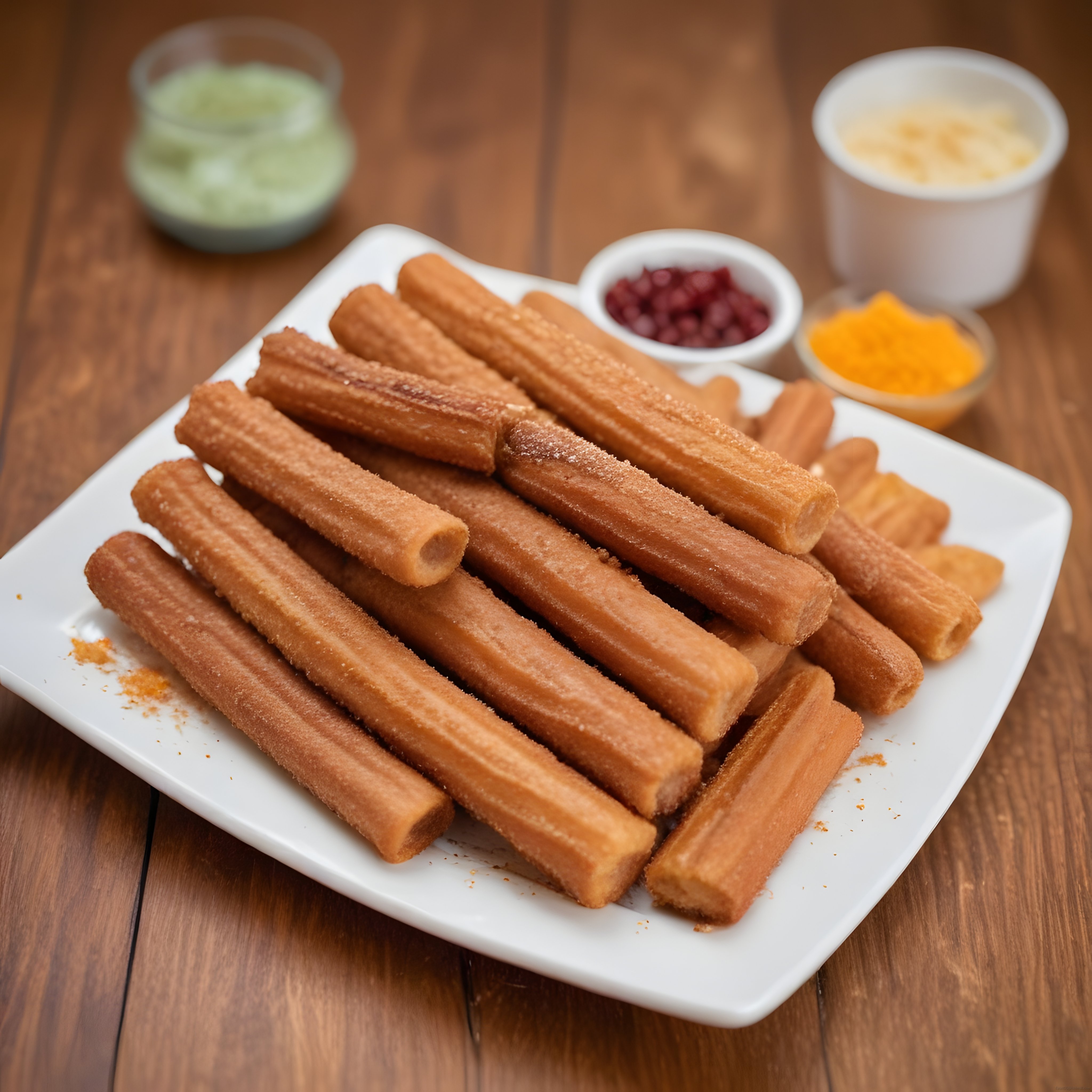 Ahşap Masada Sunulan Çıtır Churros ve Renkli Soslar ile Tatlı Keyfi