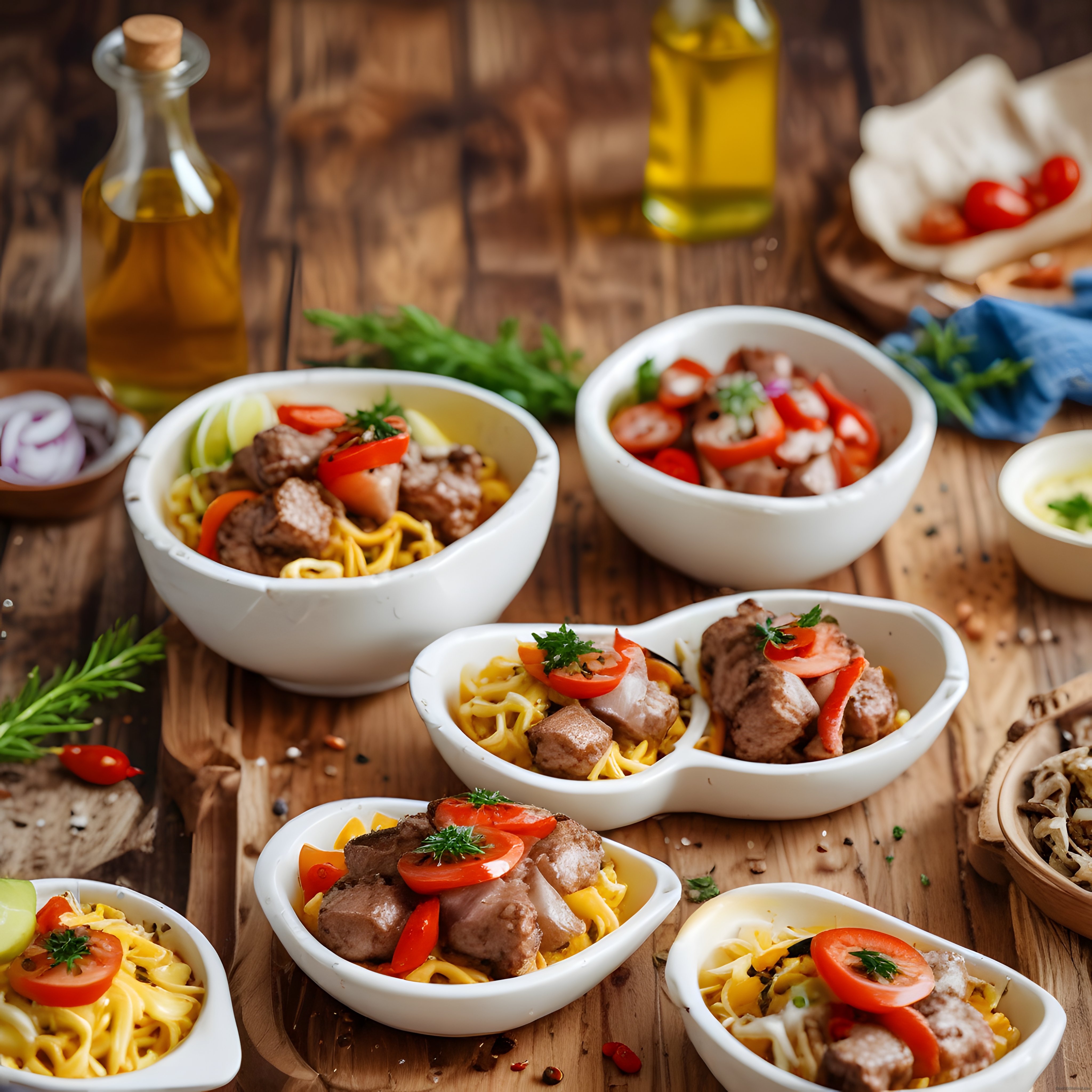 Ahşap Masada Sunulan Etli Makarna ve Noodle Kaseleriyle Lezzet Şöleni