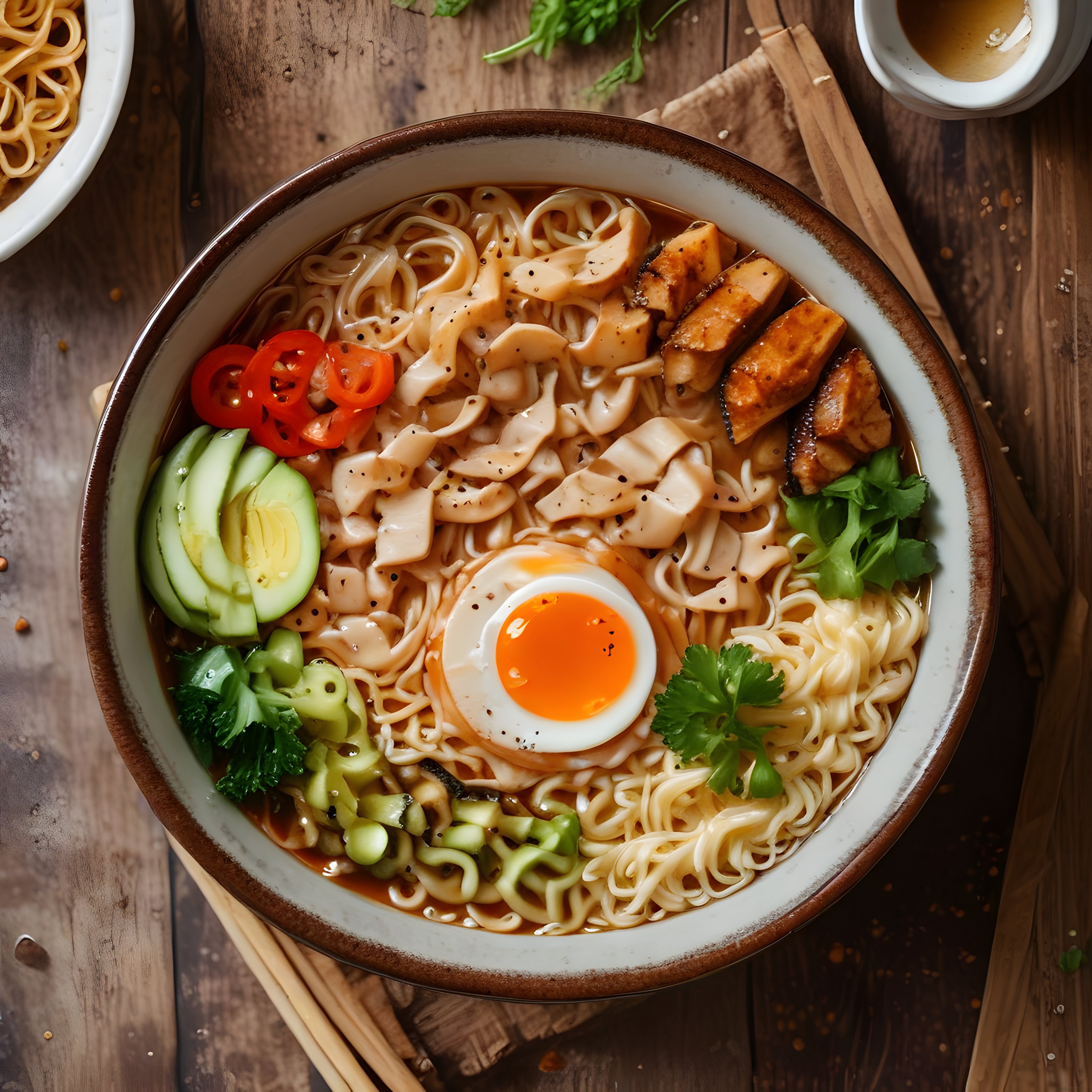 Ahşap Masada Sunulan Japon Ramen: Tavuklu Noodle ve Yarım Haşlanmış Yumurta