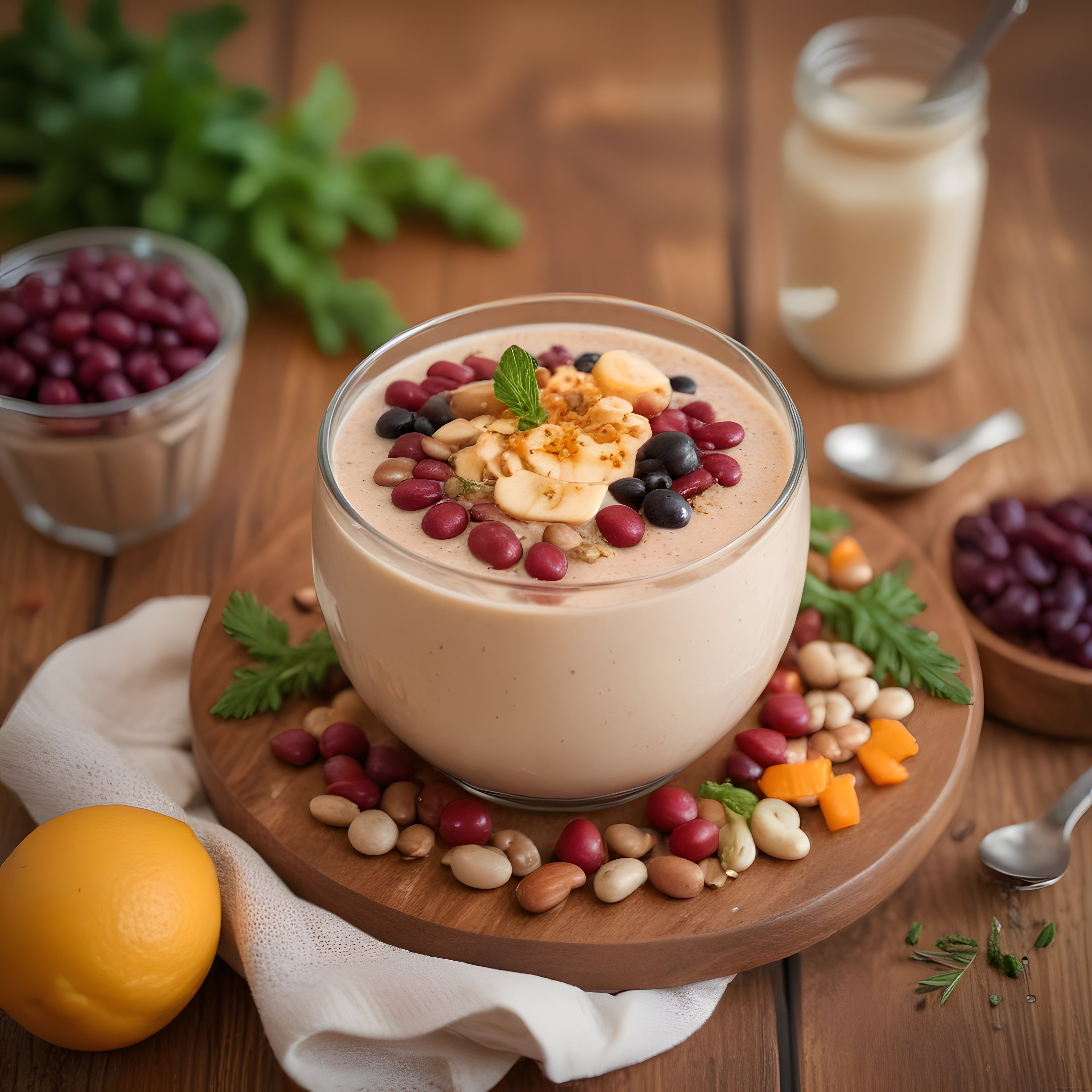 Ahşap masada sunulan muzlu yaban mersinli fındıklı smoothie bowl kahvaltısı