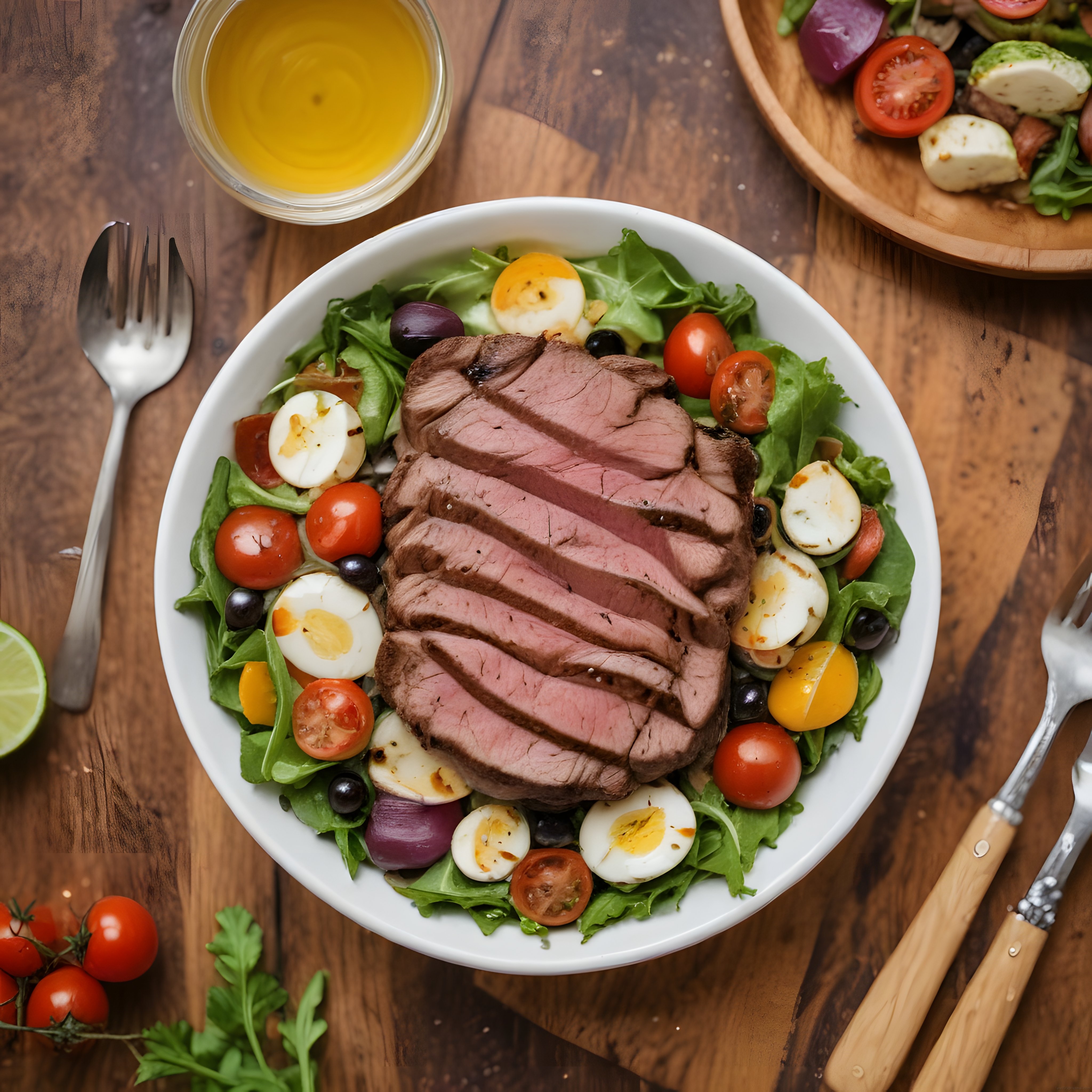 Ahşap masada sunulan nefis biftekli ve yumurtalı protein salatası kasesi