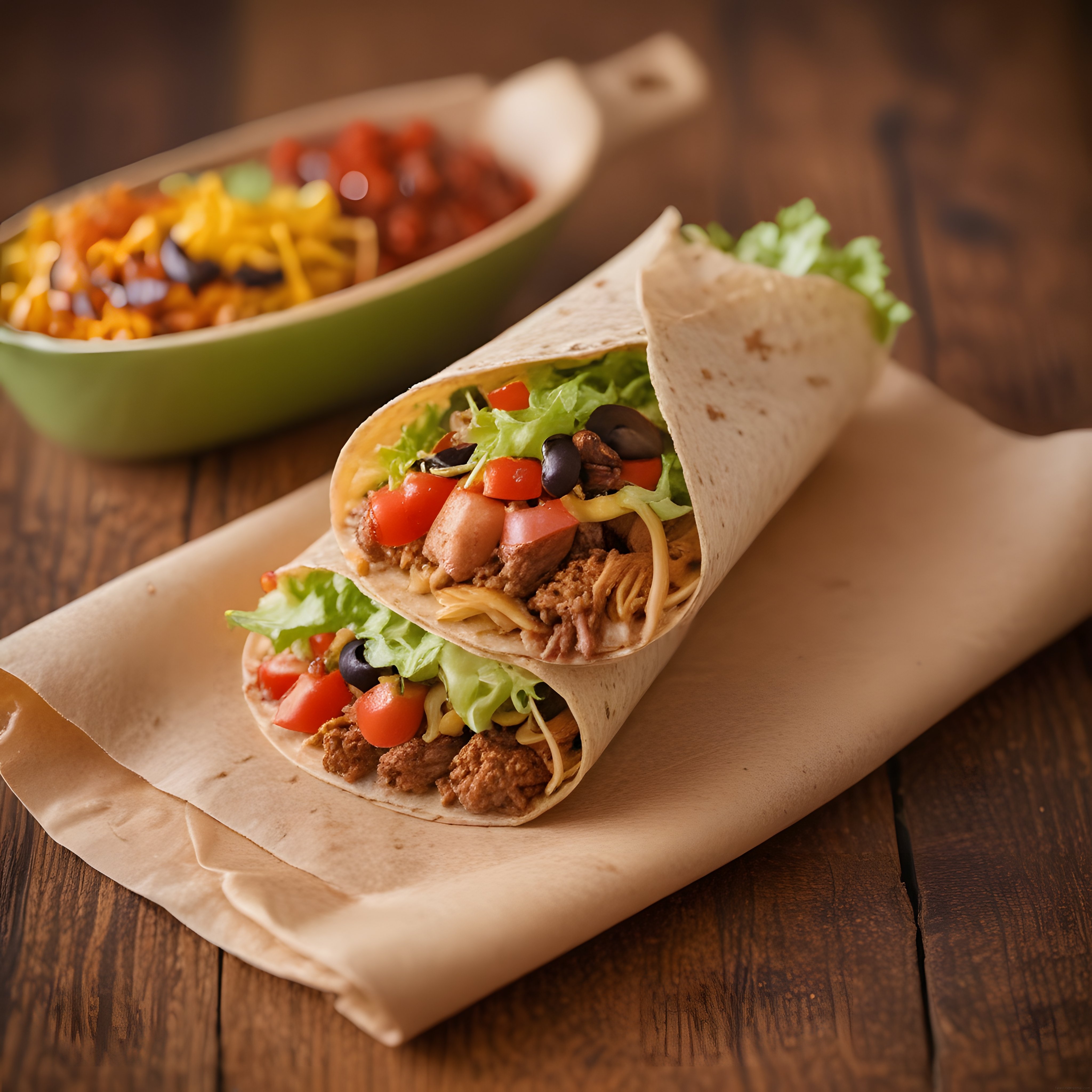Ahşap masada sunulan nefis etli burrito ve nachos tabağı ile Meksika lezzeti