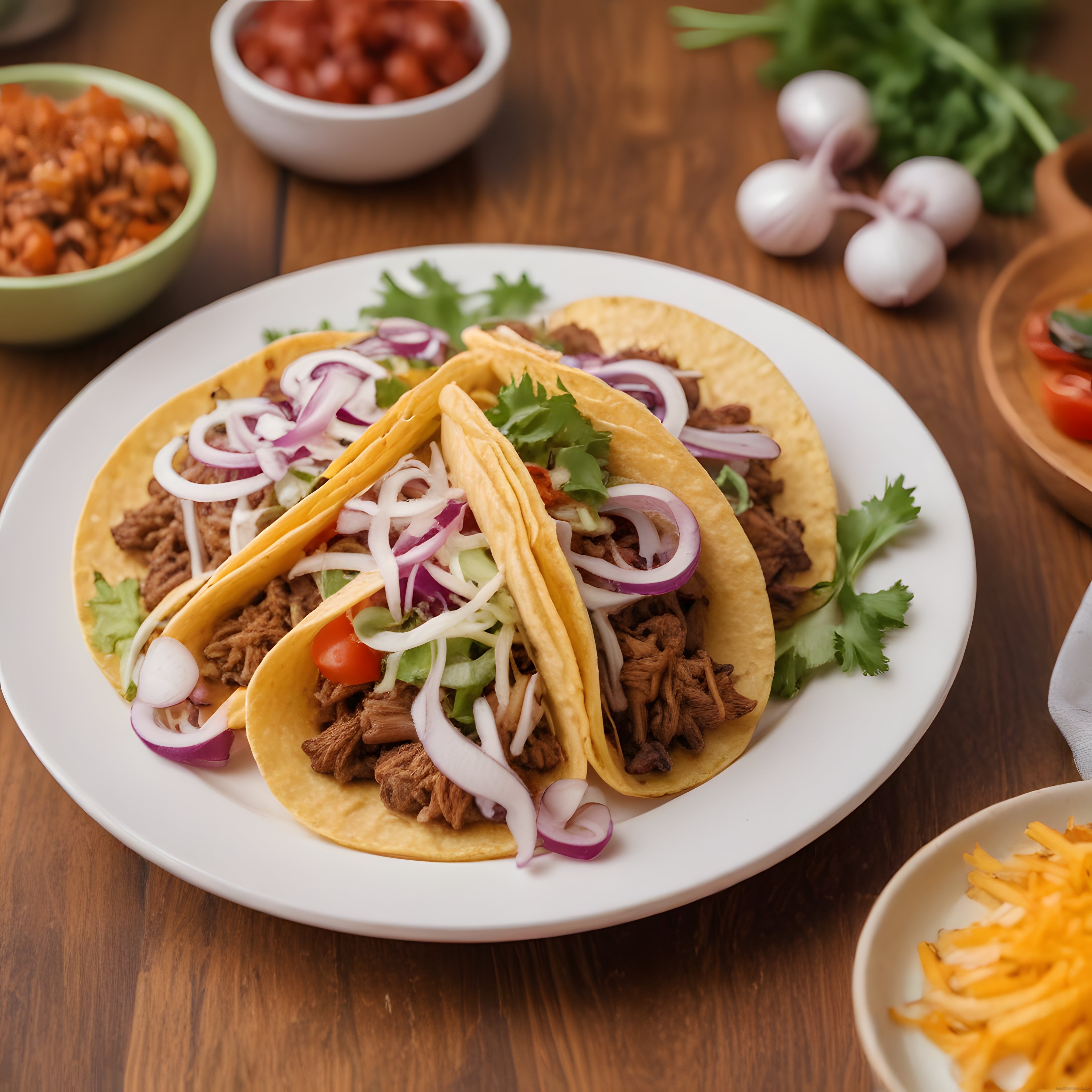 Ahşap masada sunulan nefis etli taco ve garnitürlerle dolu Meksika menüsü