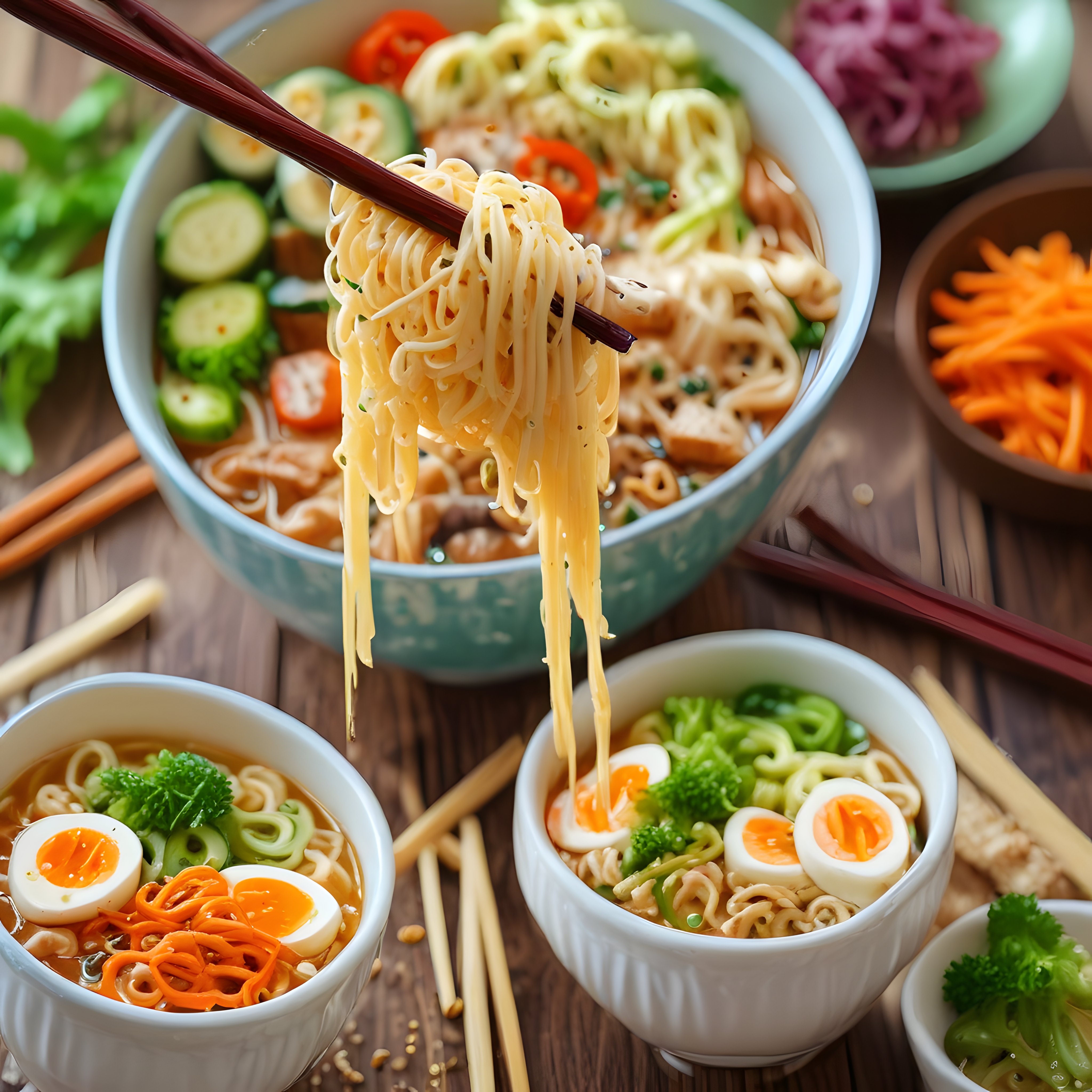 Ahşap Masada Sunulan Noodle, Haşlanmış Yumurta ve Sebzelerle Dolu Ramen Kaseleri