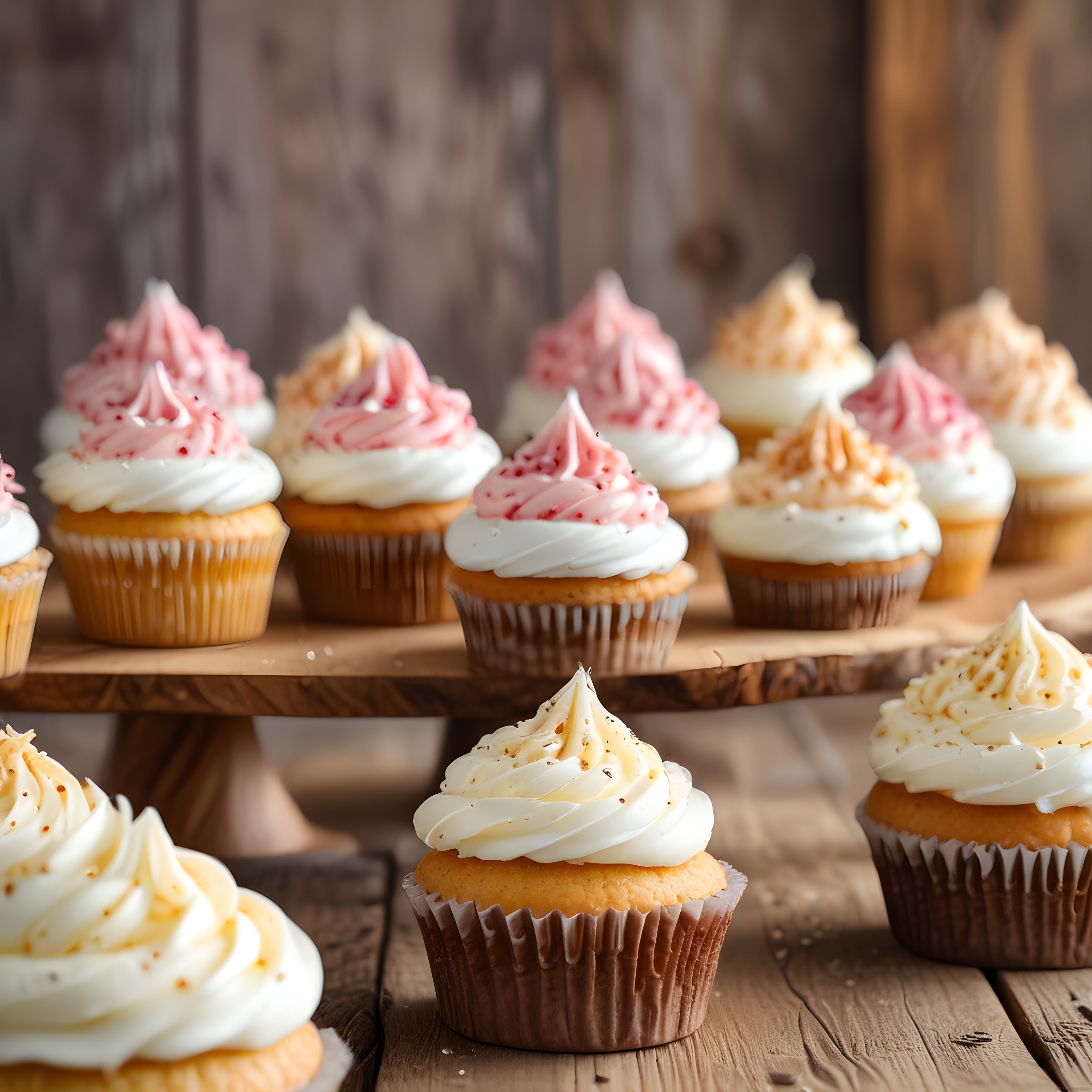 Ahşap Masada Sunulan Renkli Kremalı Cupcake ve Mini Pasta Çeşitleri