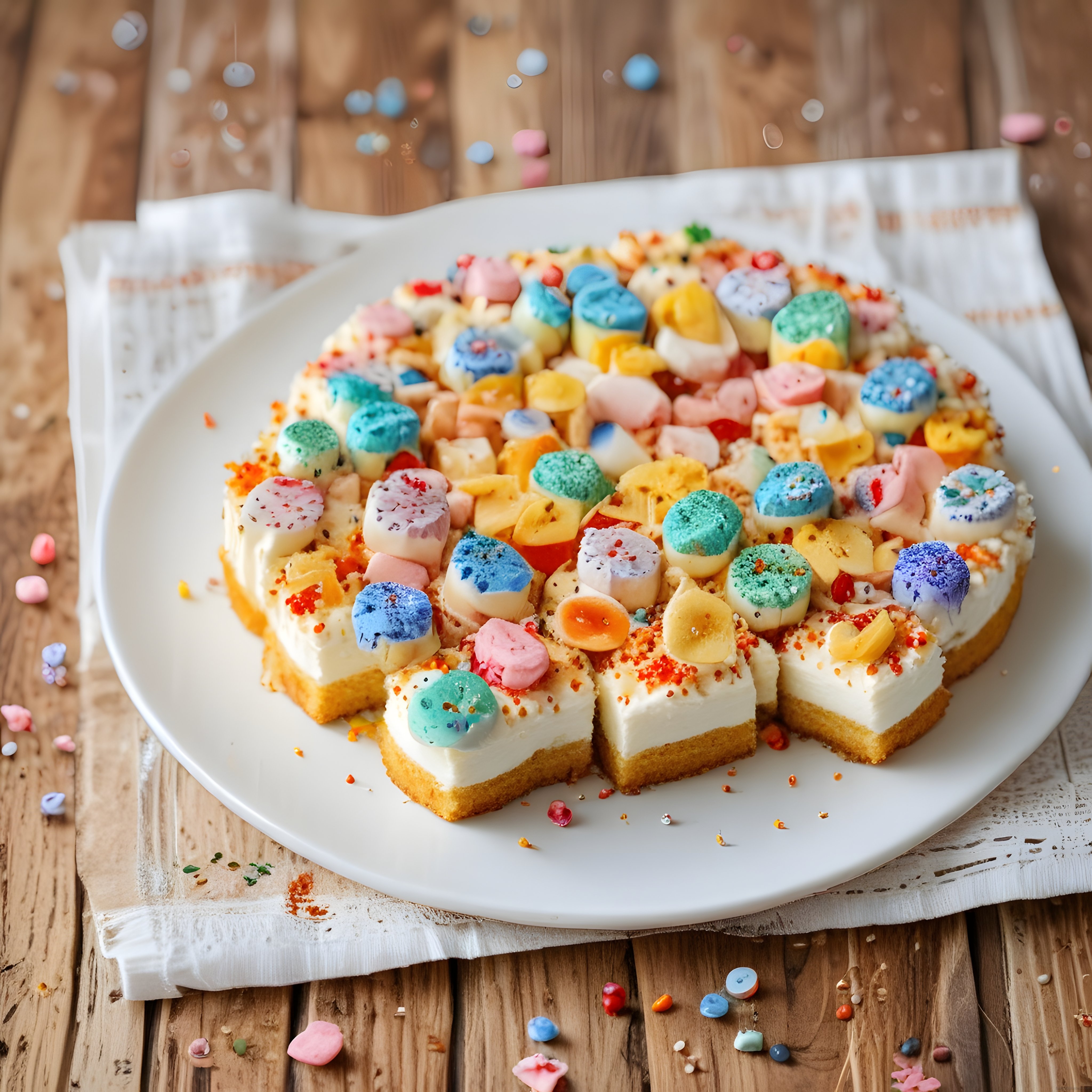 Ahşap Masada Sunulan Renkli Şekerlemeli ve Marshmallowlu Doğum Günü Pastası