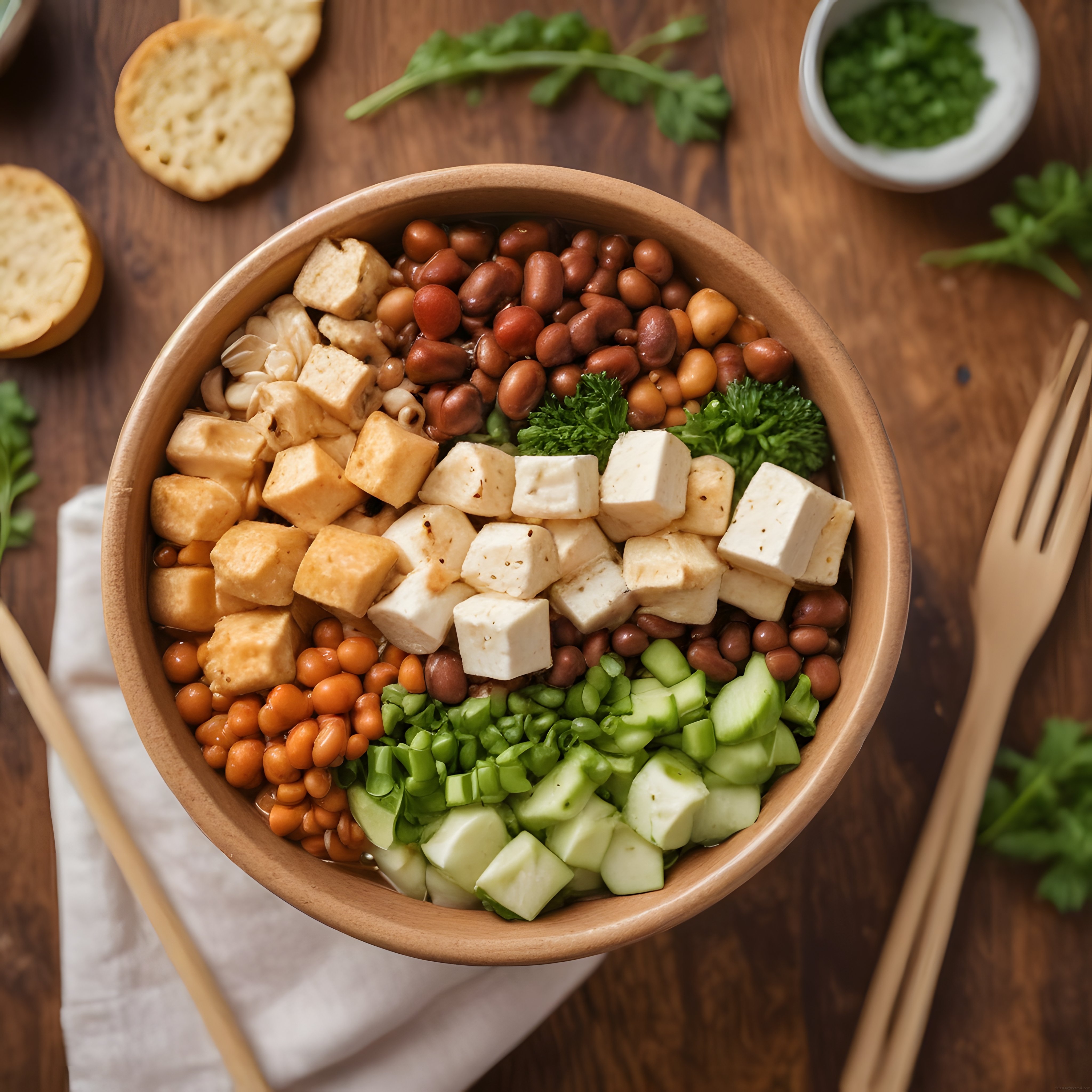 Ahşap Masada Sunulan Renkli Vegan Protein Kasesi ve Sağlıklı Malzemeler