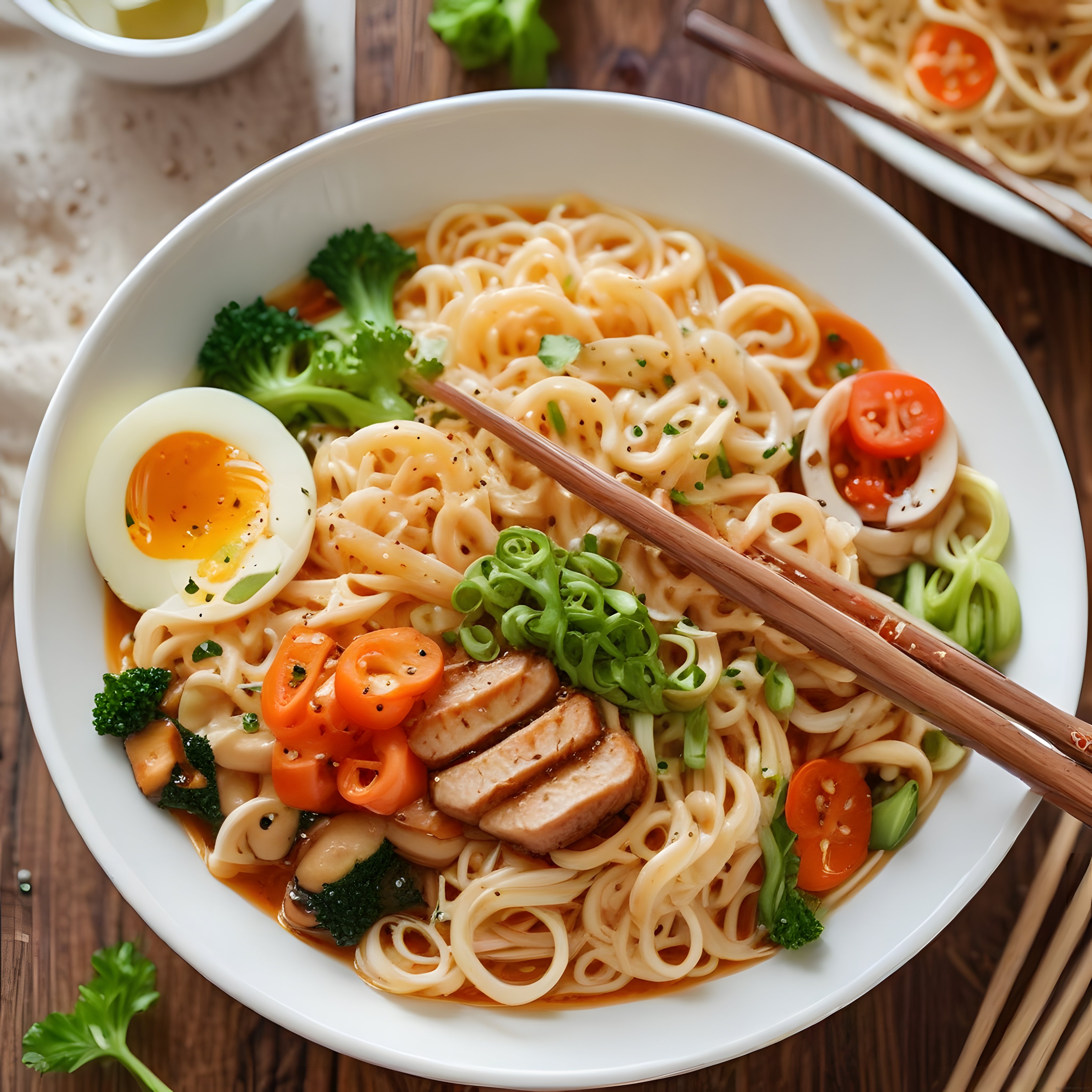 Ahşap Masada Sunulan Sebzeli ve Yumurtalı Noodle Çorba Kasesi
