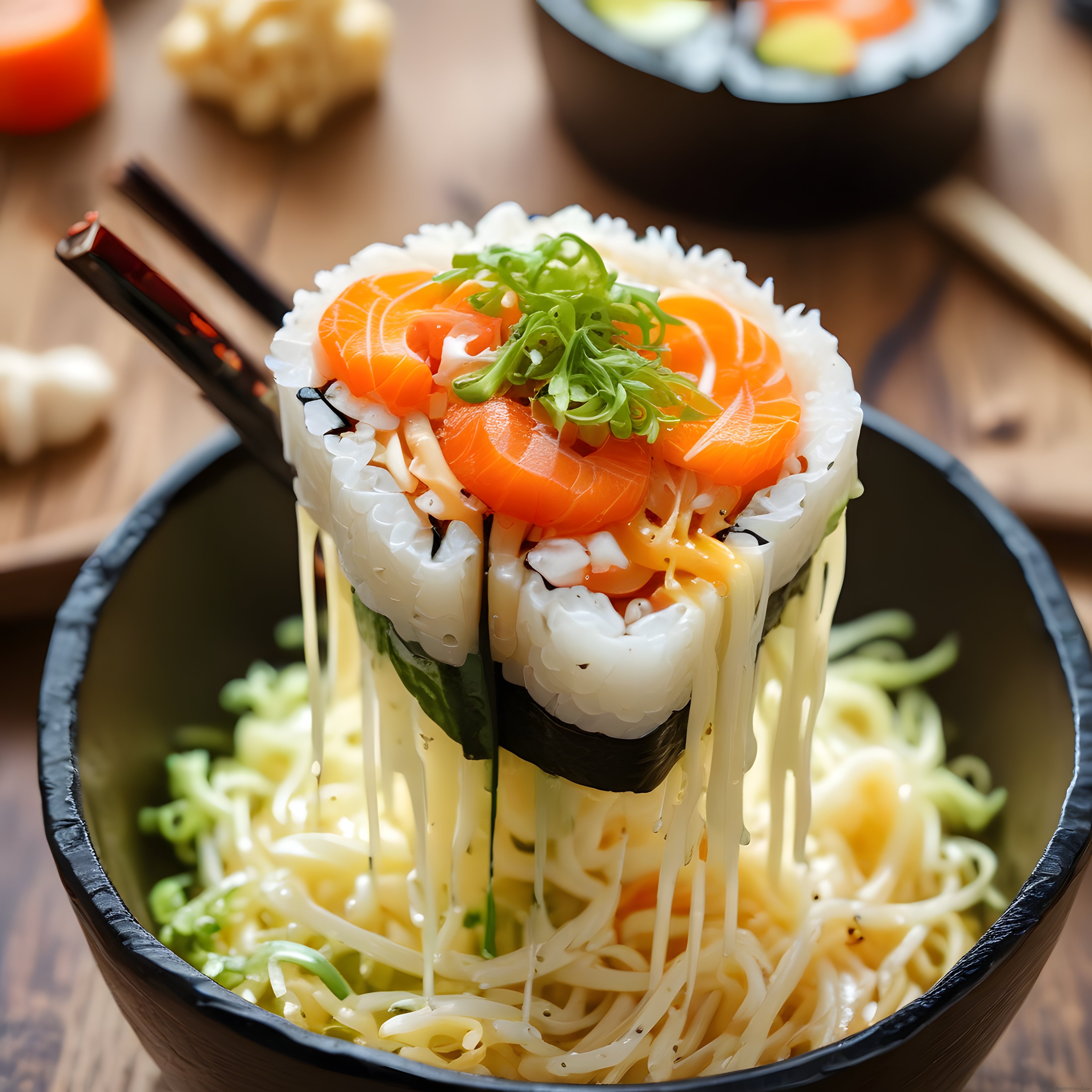 Ahşap Masada Sunulan Somonlu Füzyon Sushi Ramen Kasesi ve Peynir Sosu