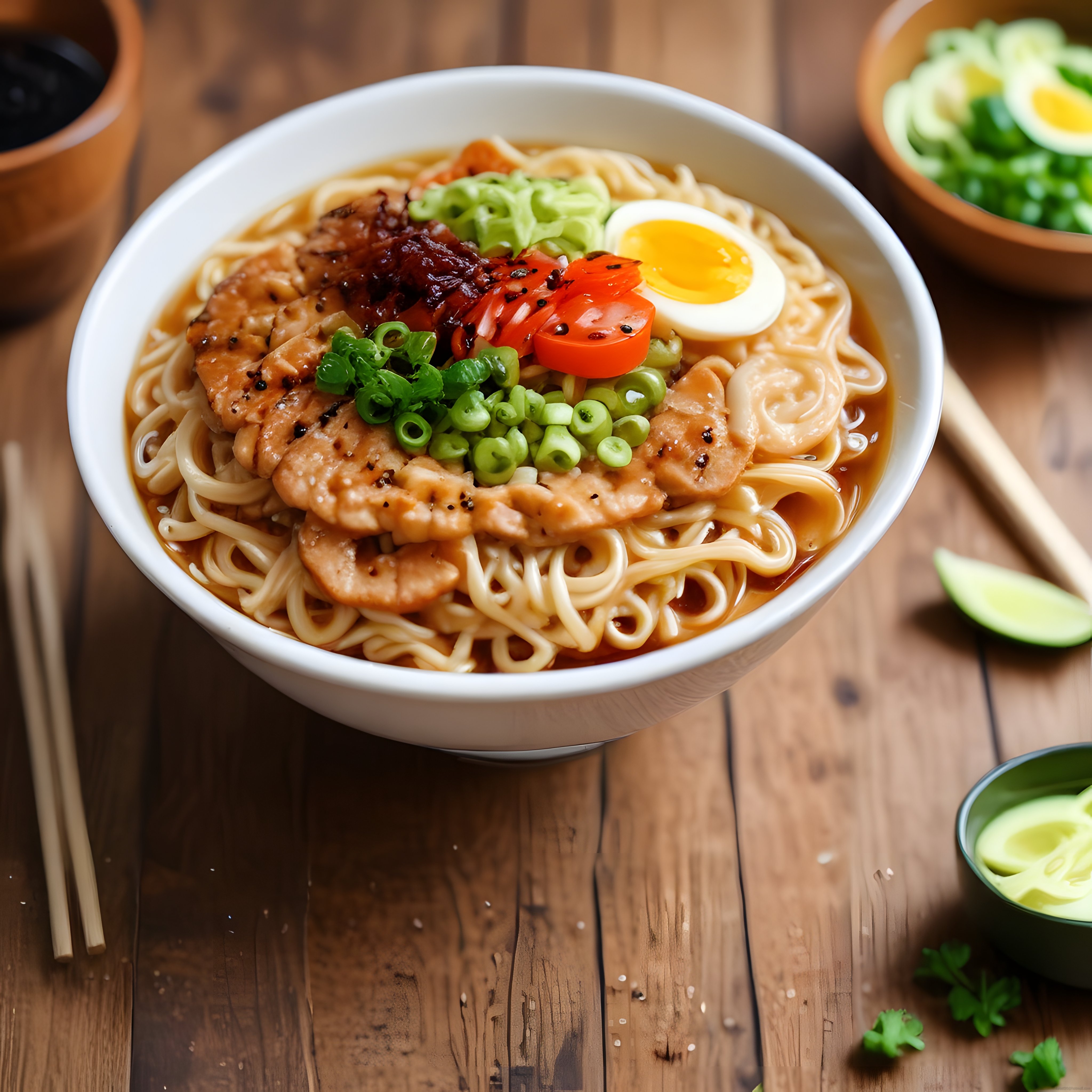 Ahşap Masada Sunulan Tavuklu Ramen: Sıcak Çorba ve Taze Sebzeler