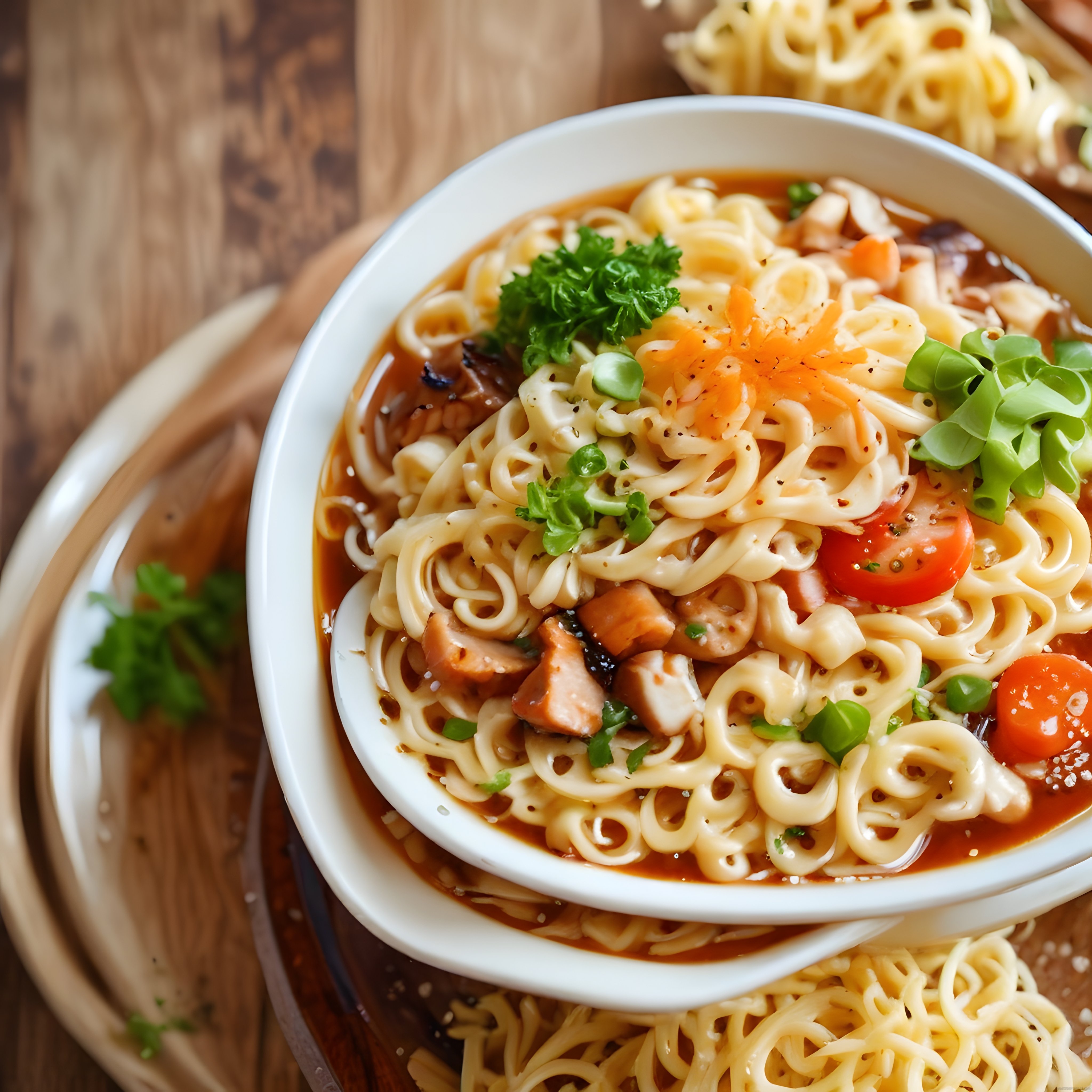 Ahşap Masada Sunulan Tavuklu Sebzeli Ramen: Sıcacık Asya Çorbası
