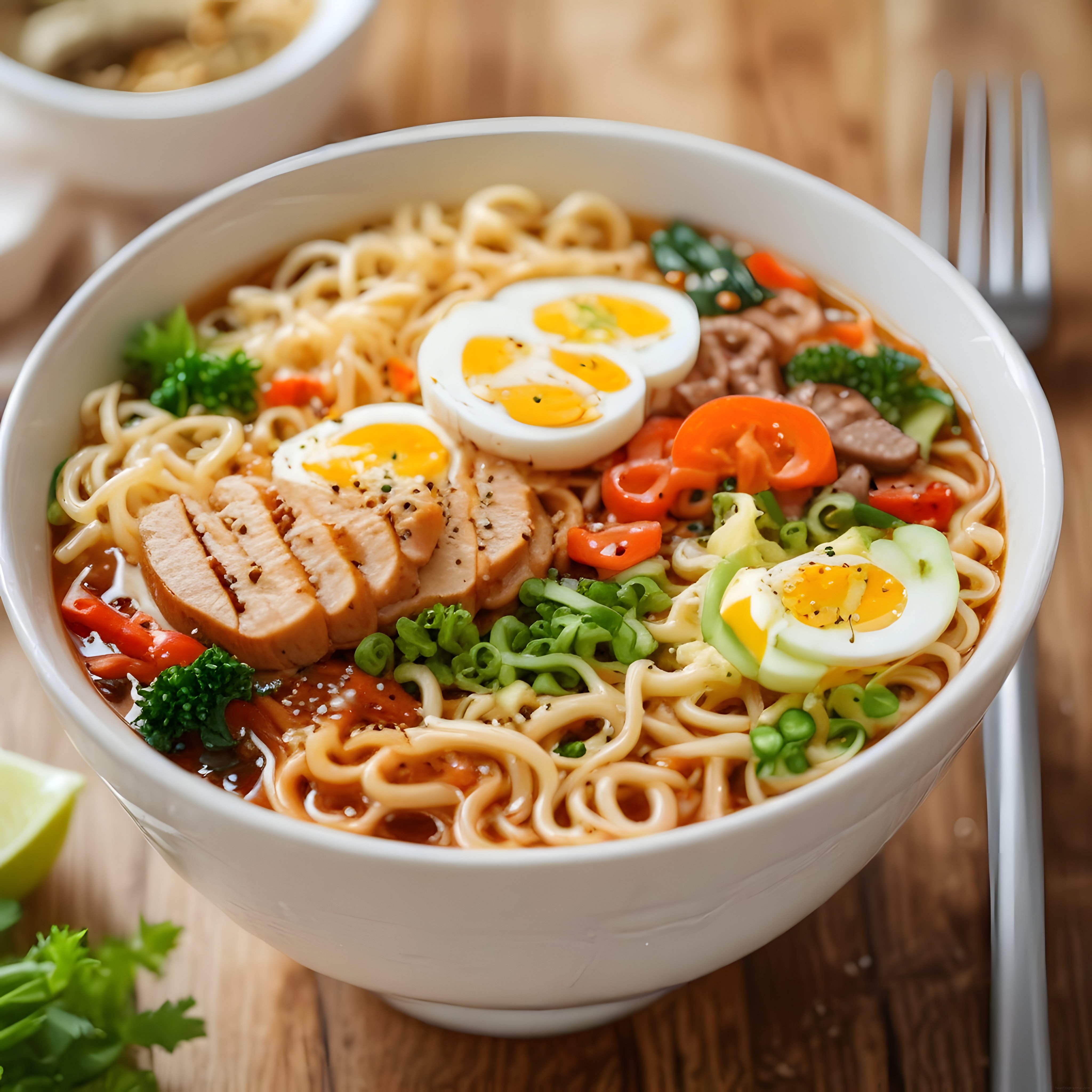 Ahşap Masada Sunulan Tavuklu Yumurtalı Baharatlı Ramen Kasesi
