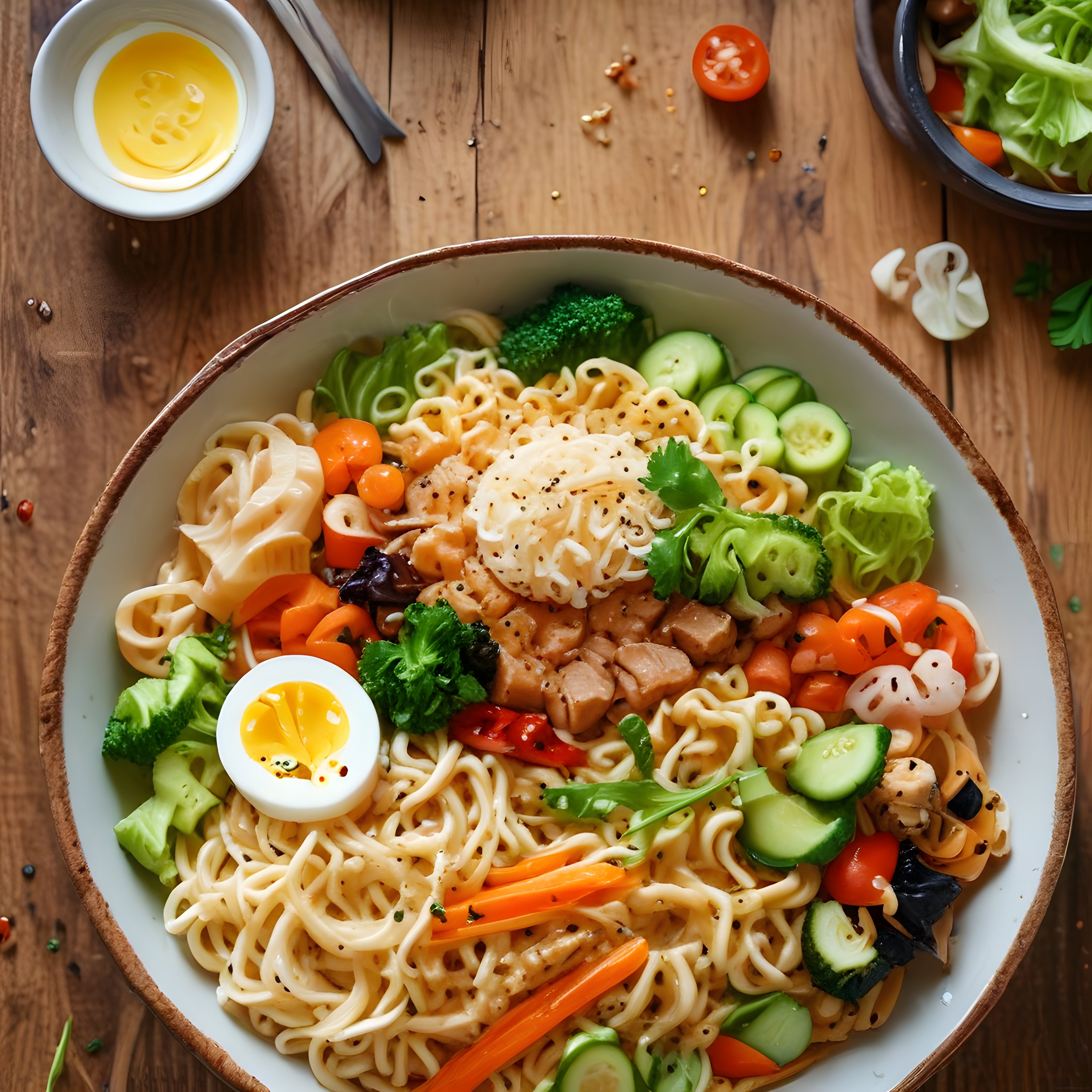 Ahşap Masada Sunulan Taze Sebzeler ve Haşlanmış Yumurtalı Noodle Kasesi