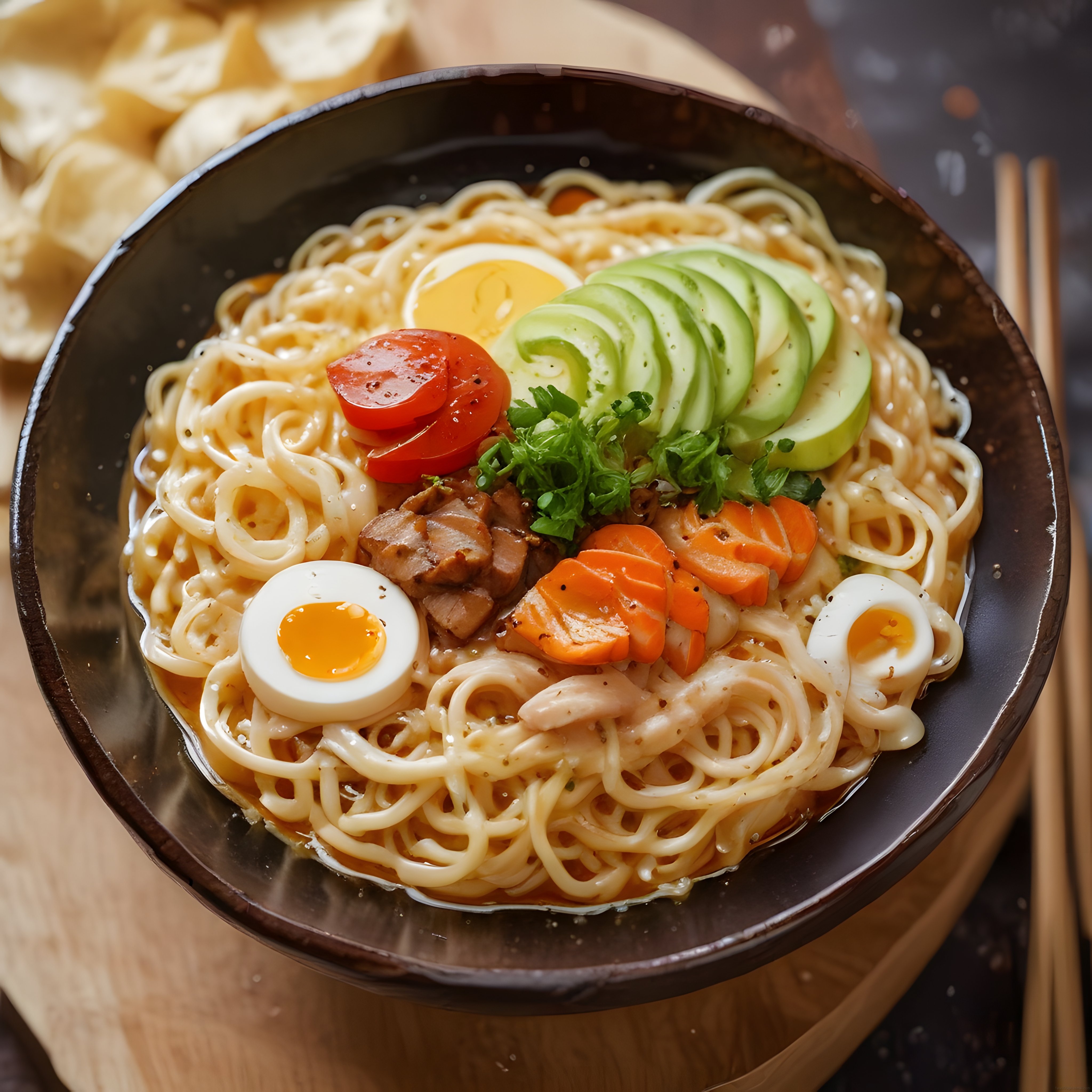 Ahşap Masada Sunulan Taze Sebzeli ve Yumurtalı Asya Noodle Kasesi