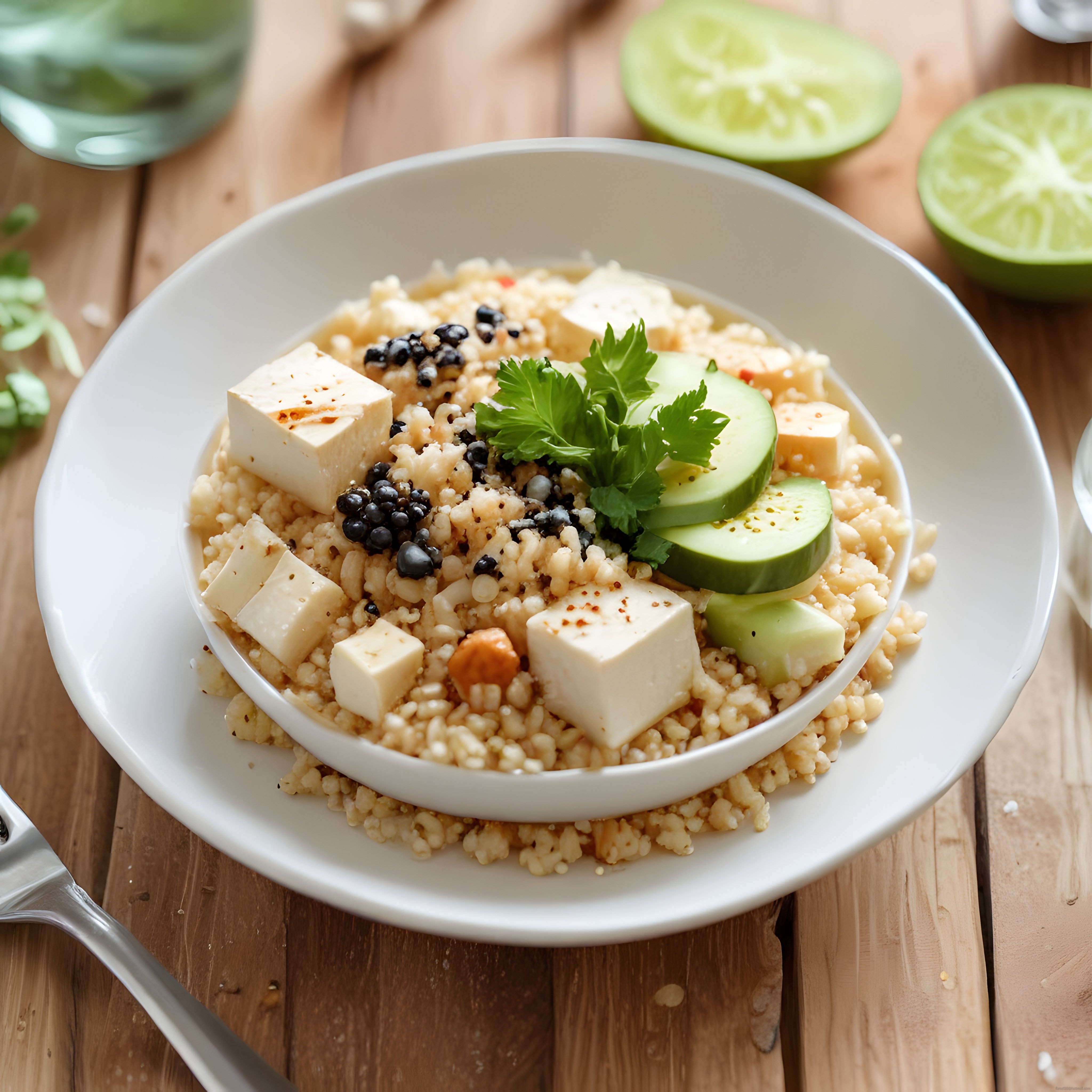 Ahşap masada sunulan vegan tofu ve bulgur kasesi: limonlu, ferah ve besleyici