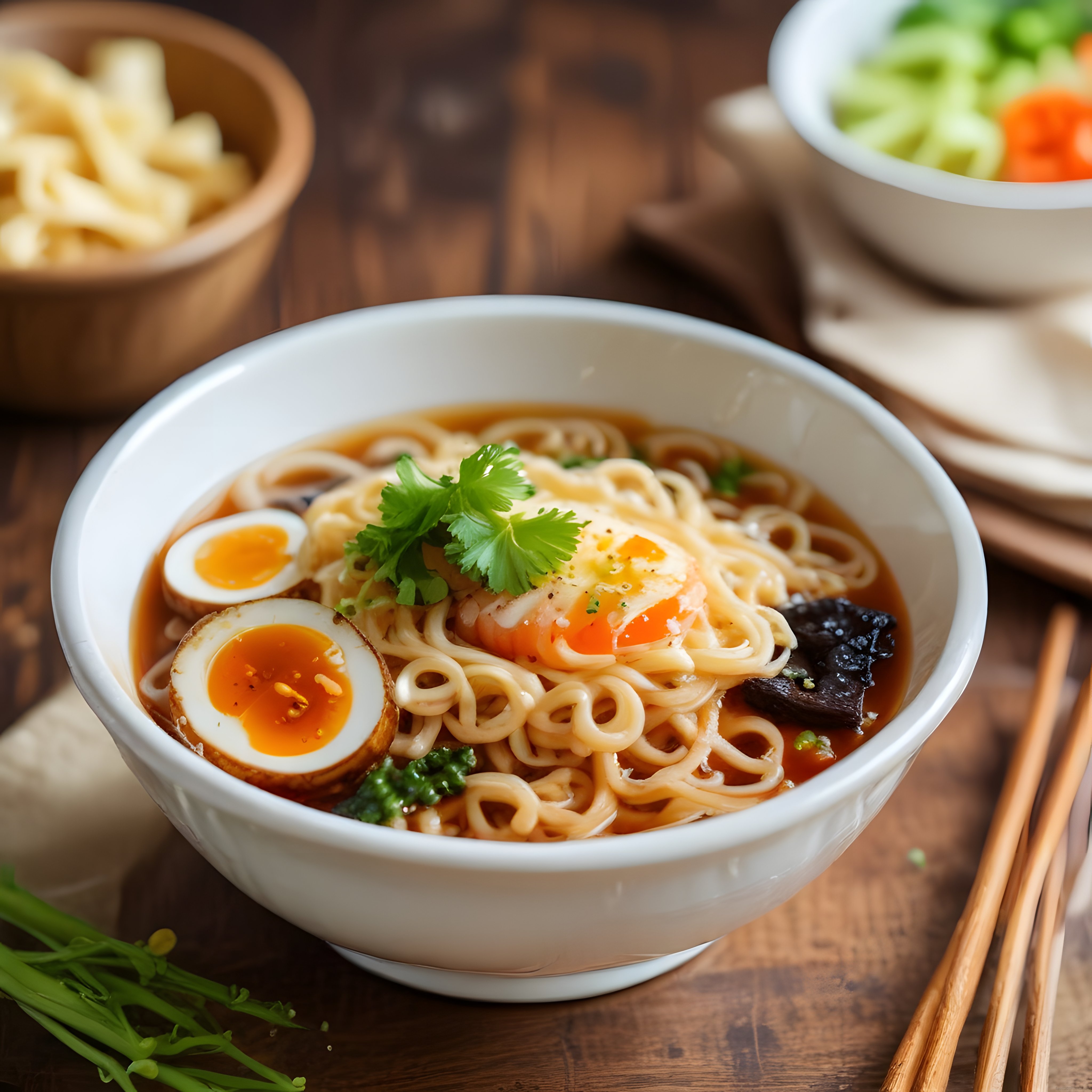 ahşap masada sunumu yapılmış ramen çorbası haşlanmış yumurta ve yeşilliklerle