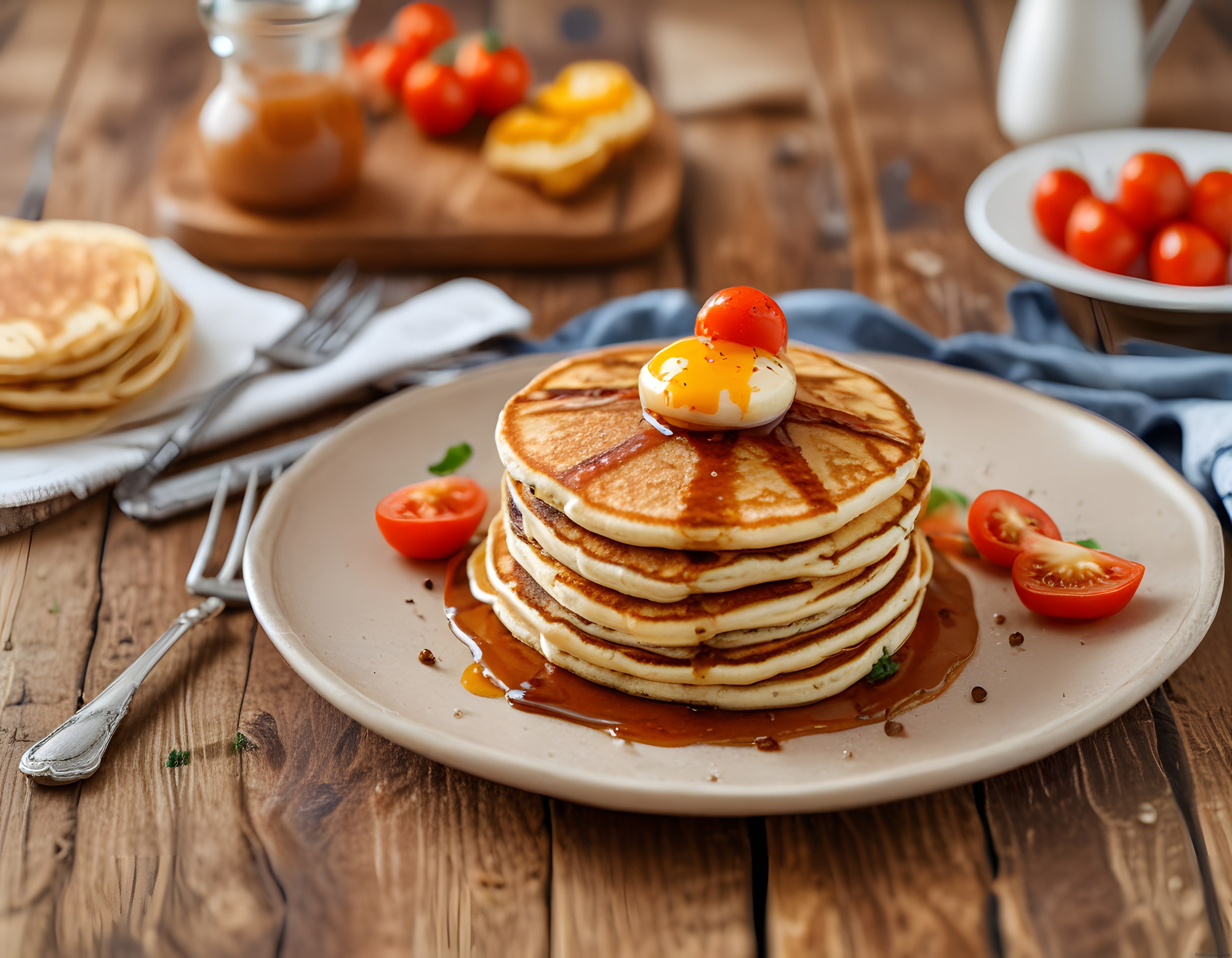 Ahşap Masada Şurup Damlacıklarıyla Kızarmış Yumurtalı Pancake Kahvaltısı