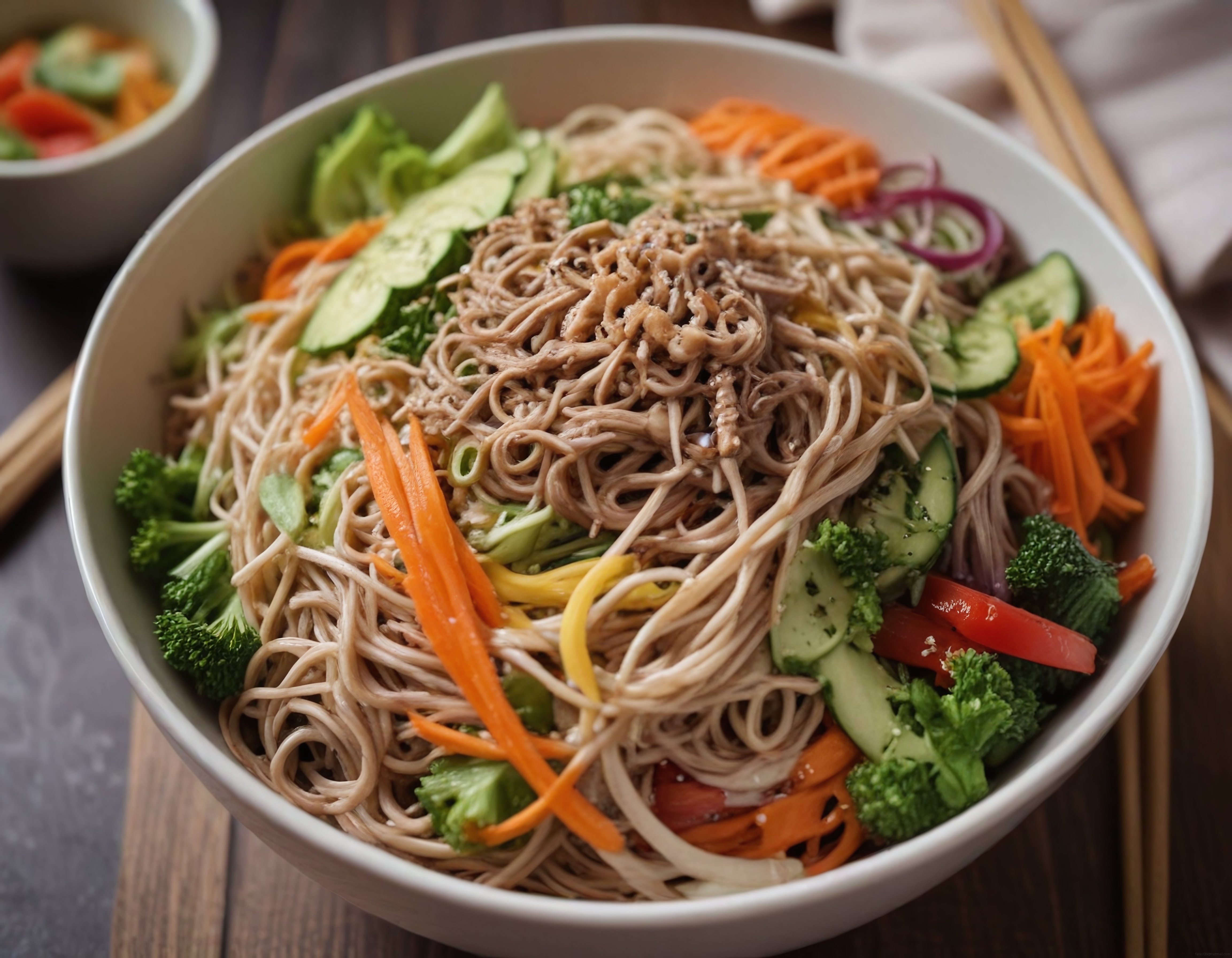 Ahşap Masada Susam Soslu Renkli Sebzeli Soğuk Soba Noodle Salatası