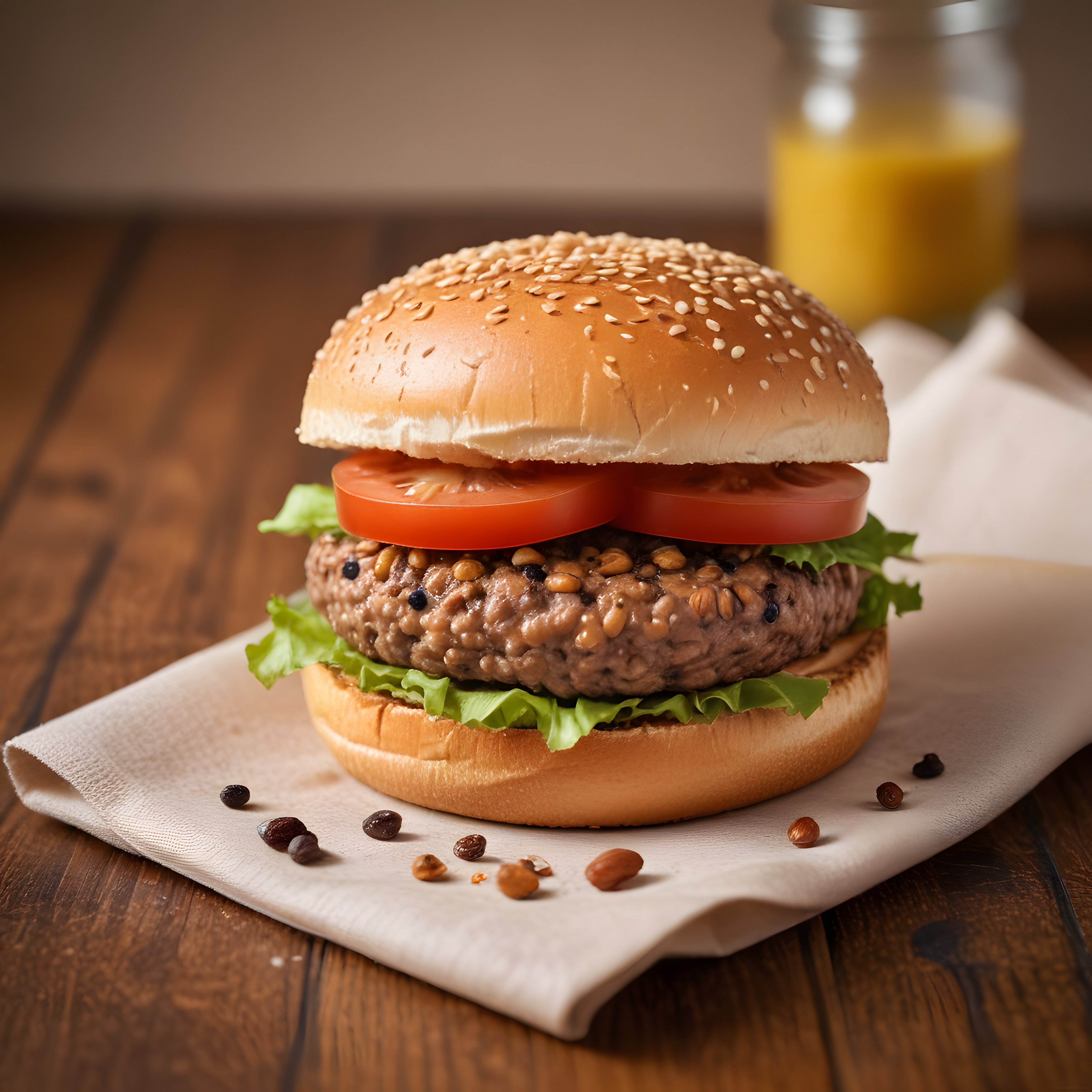 Ahşap Masada Susamlı Ekmek Arası Domatesli Marullu Lezzetli Hamburger