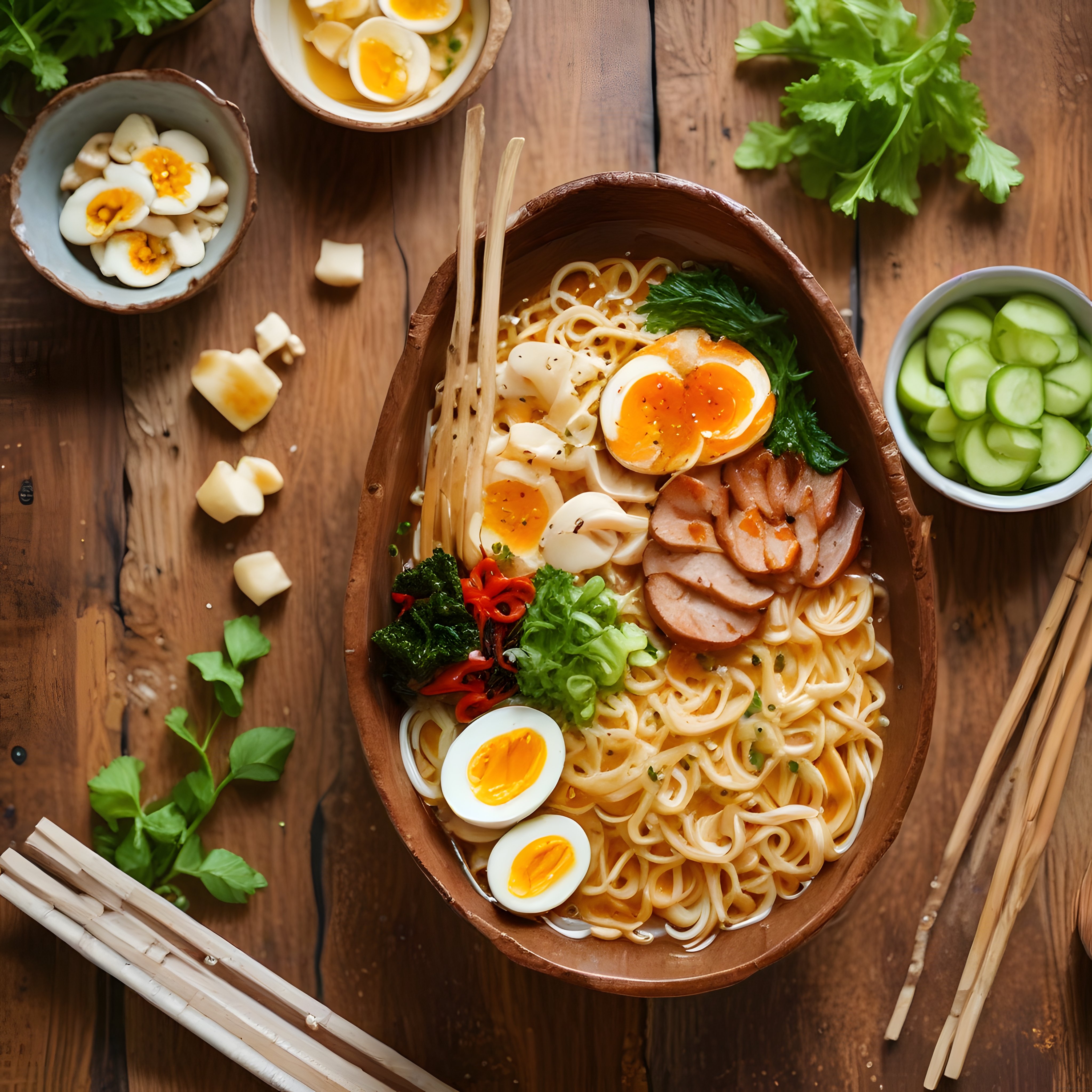 Ahşap Masada Süslemeli Ramen Kasesi: Yumurta, Sosis ve Baharatlar