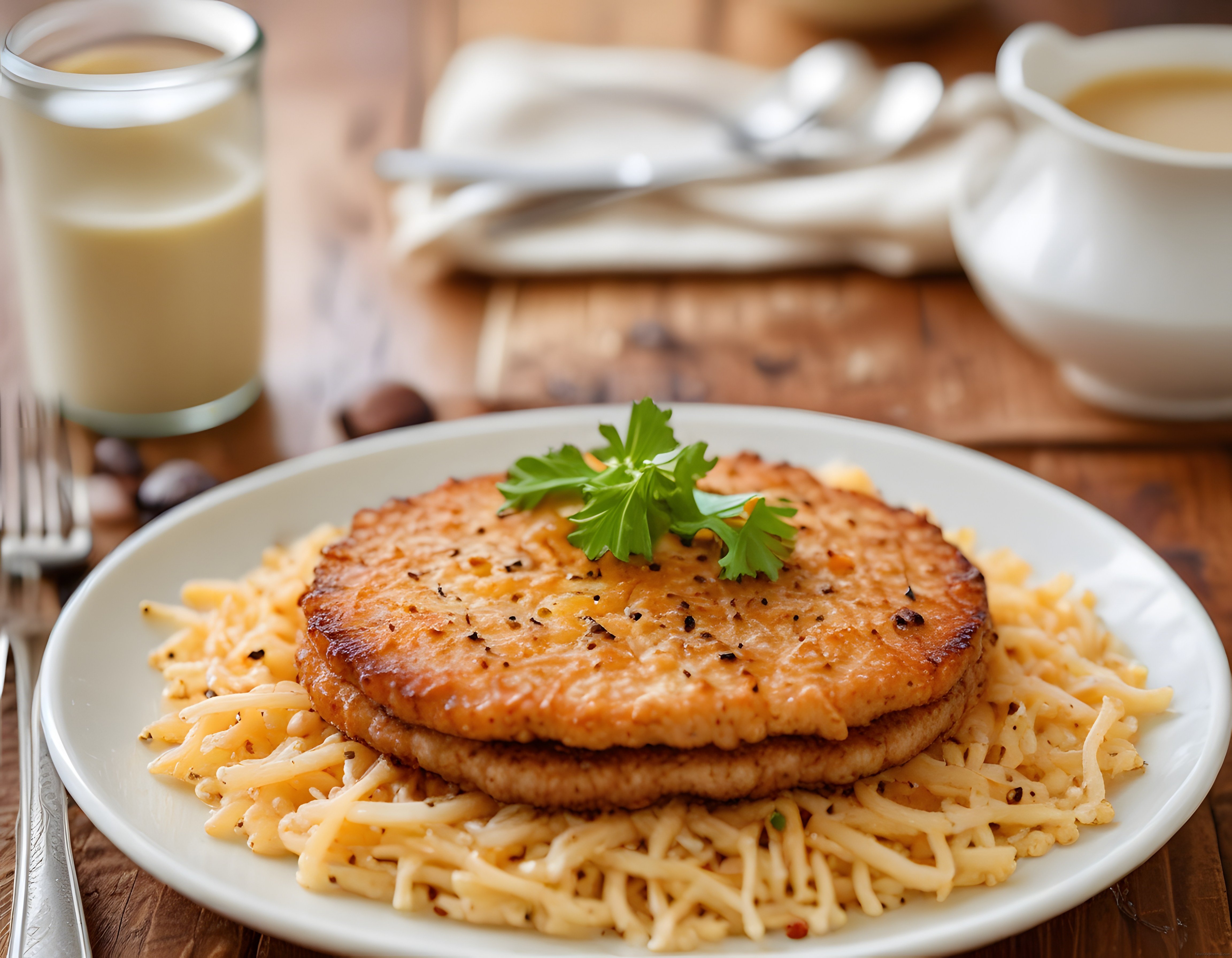 Ahşap Masada Süt Eşliğinde Pane Tavuk ve Peynirli Makarna Sunumu