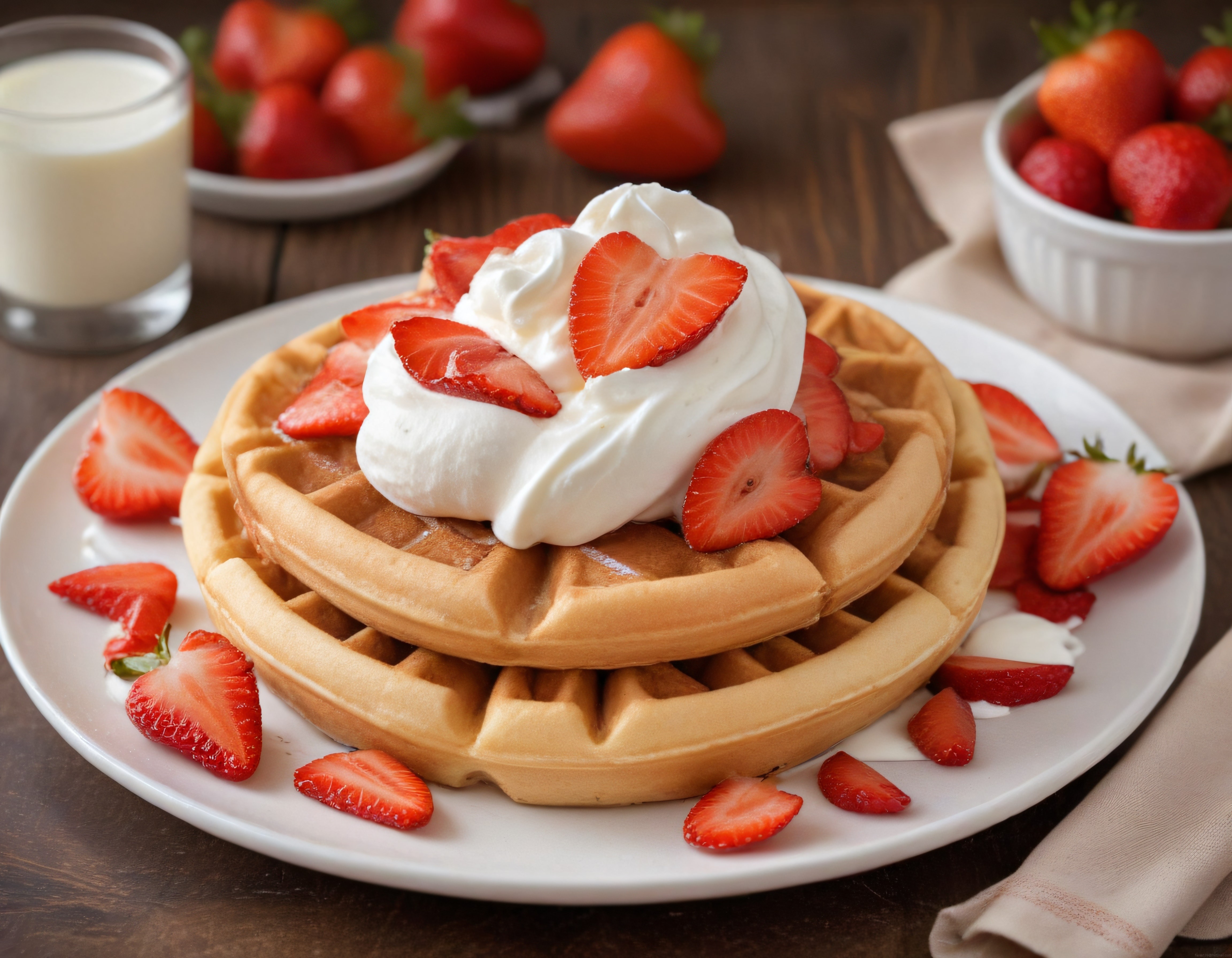 Ahşap Masada Taptaze Çilek ve Bol Kremalı Ev Yapımı Waffle Kahvaltı Sunumu