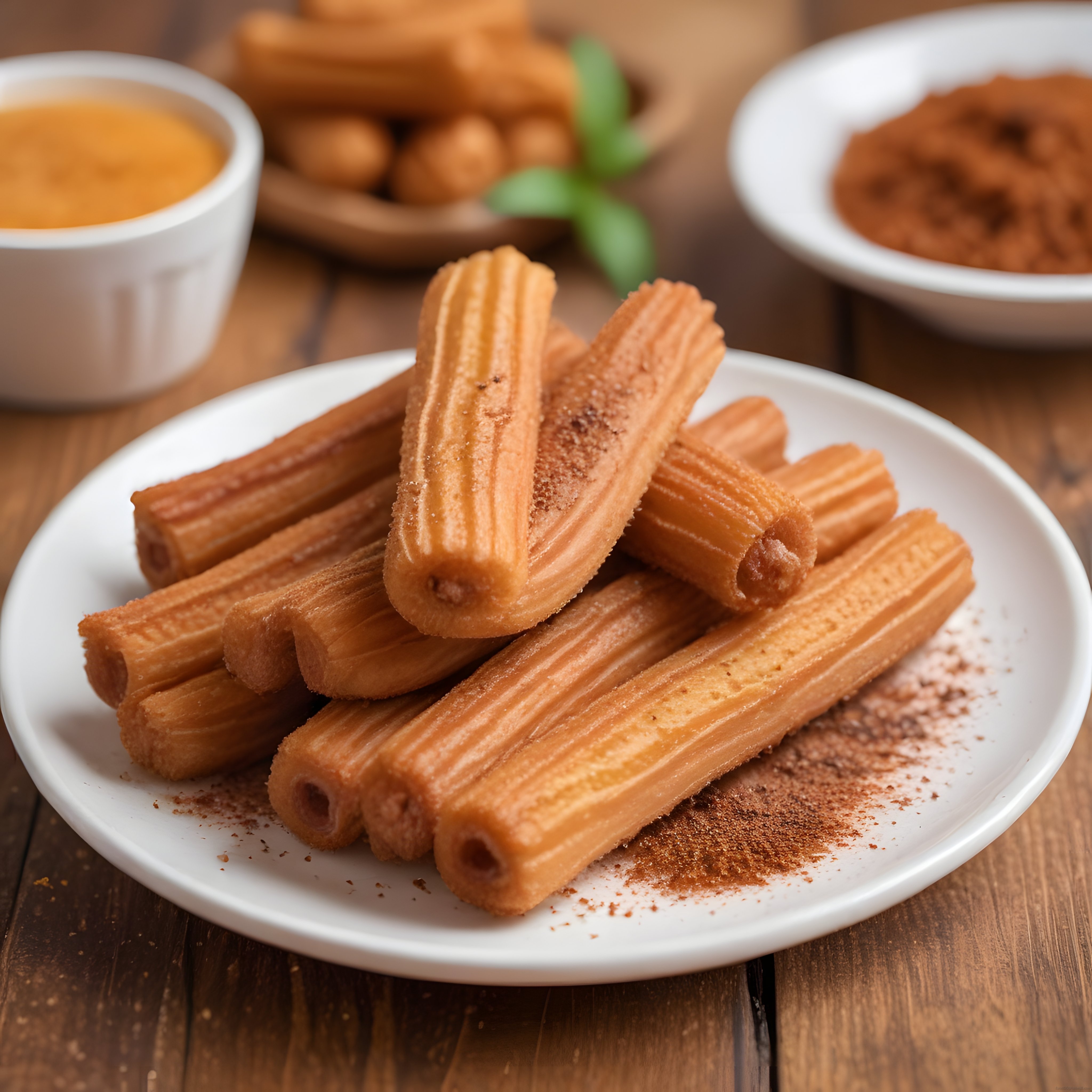 Ahşap Masada Tarçın Şekerli Churros ve Karamel Sos ile Tatlı Sunumu