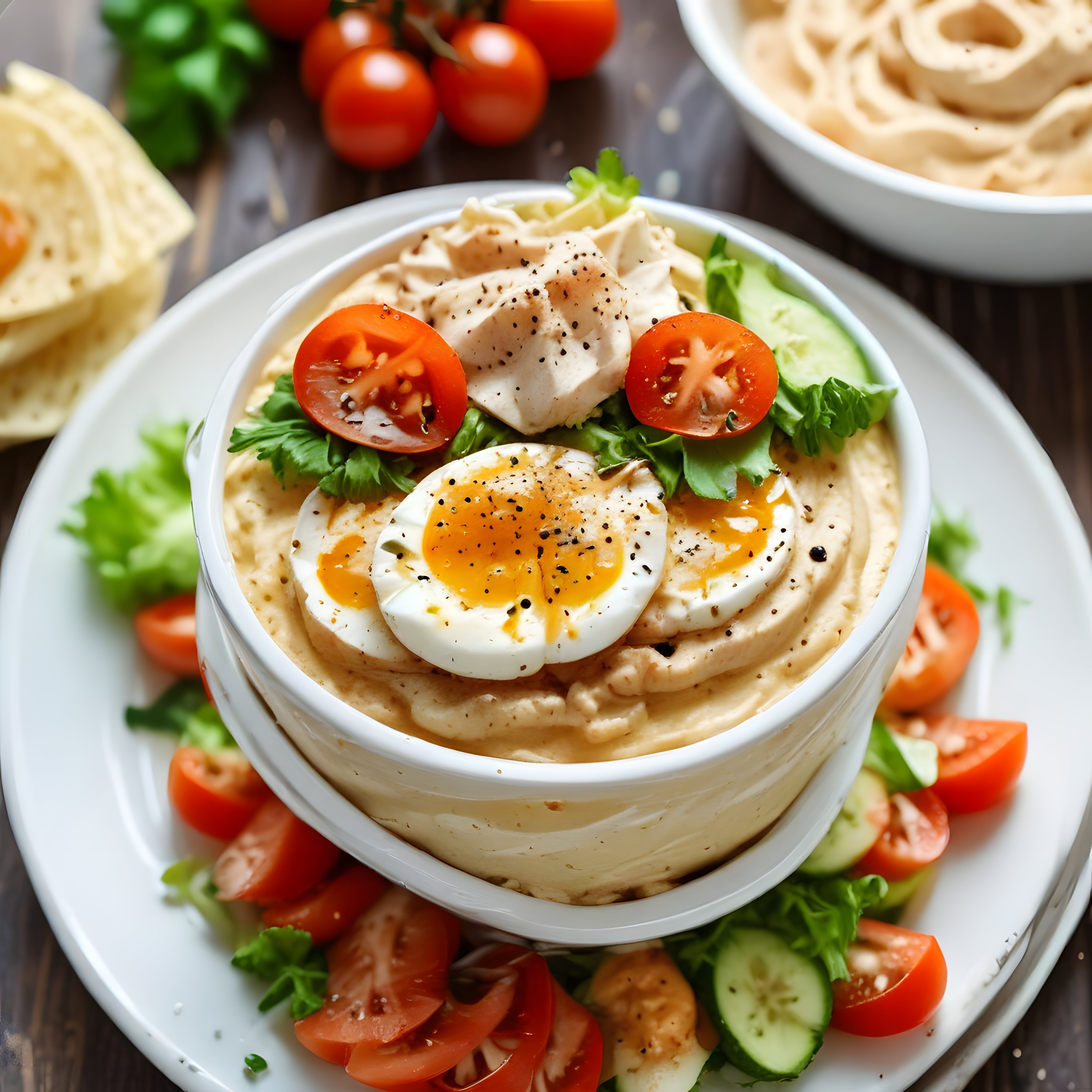 Ahşap Masada Tavuk ve Yumurtalı Humus Kasesi ile Sağlıklı Öğün