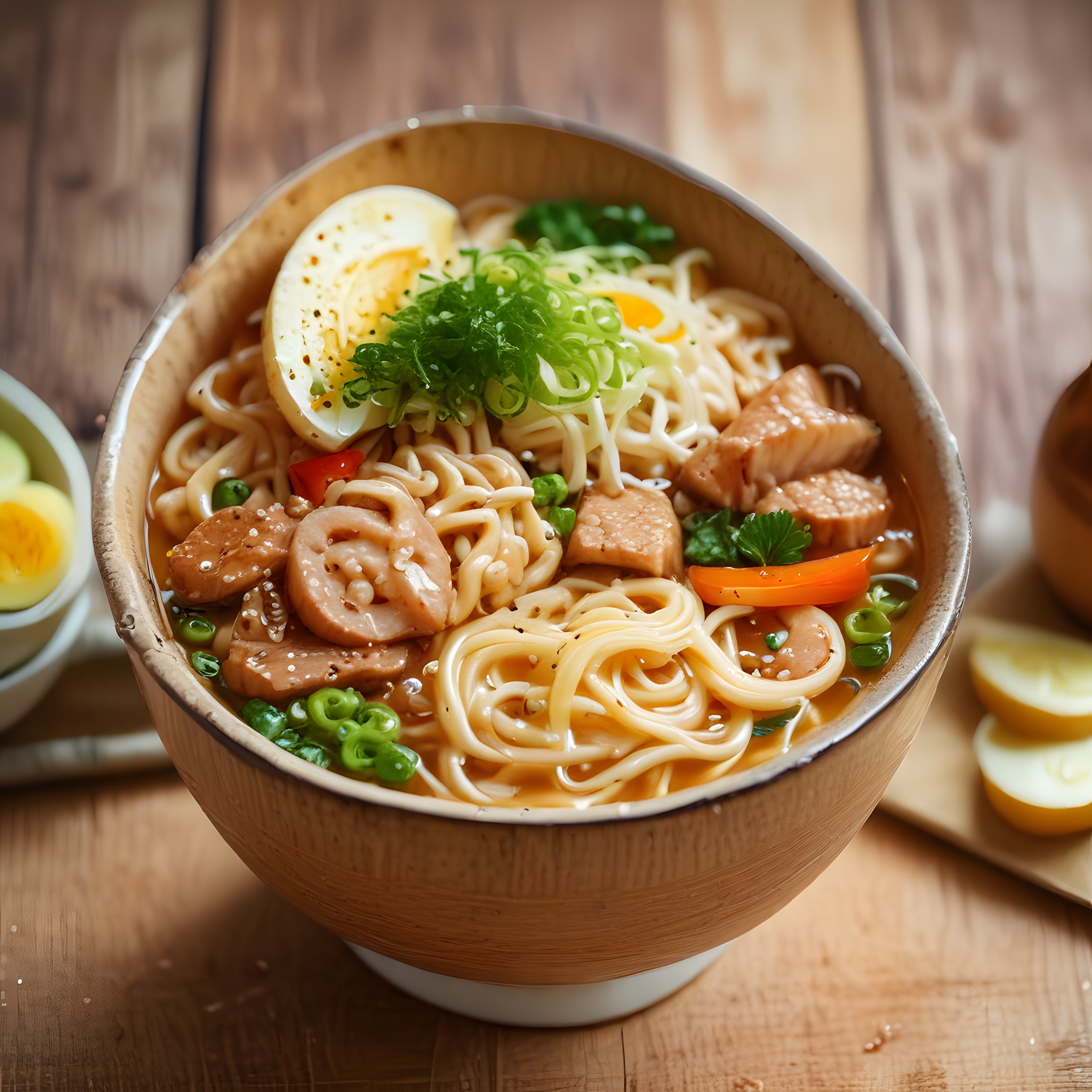 Ahşap Masada Tavuklu Mantarlı Noodle Ramen ve Sıcacık Asya Çorbası