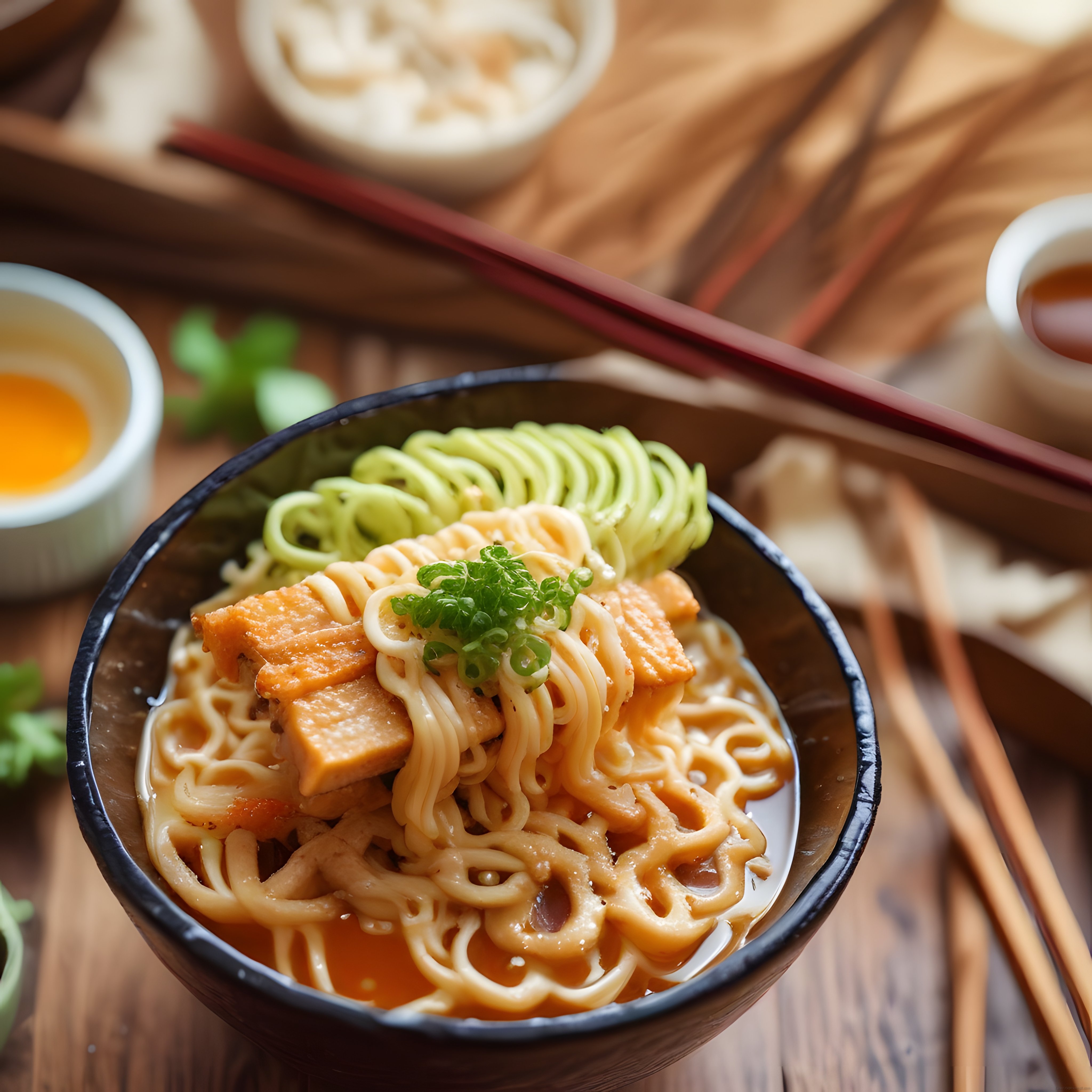 Ahşap Masada Tavuklu Noodle Kasesi, Avokado Dilimi ve Yumurtalı Asya Sunumu