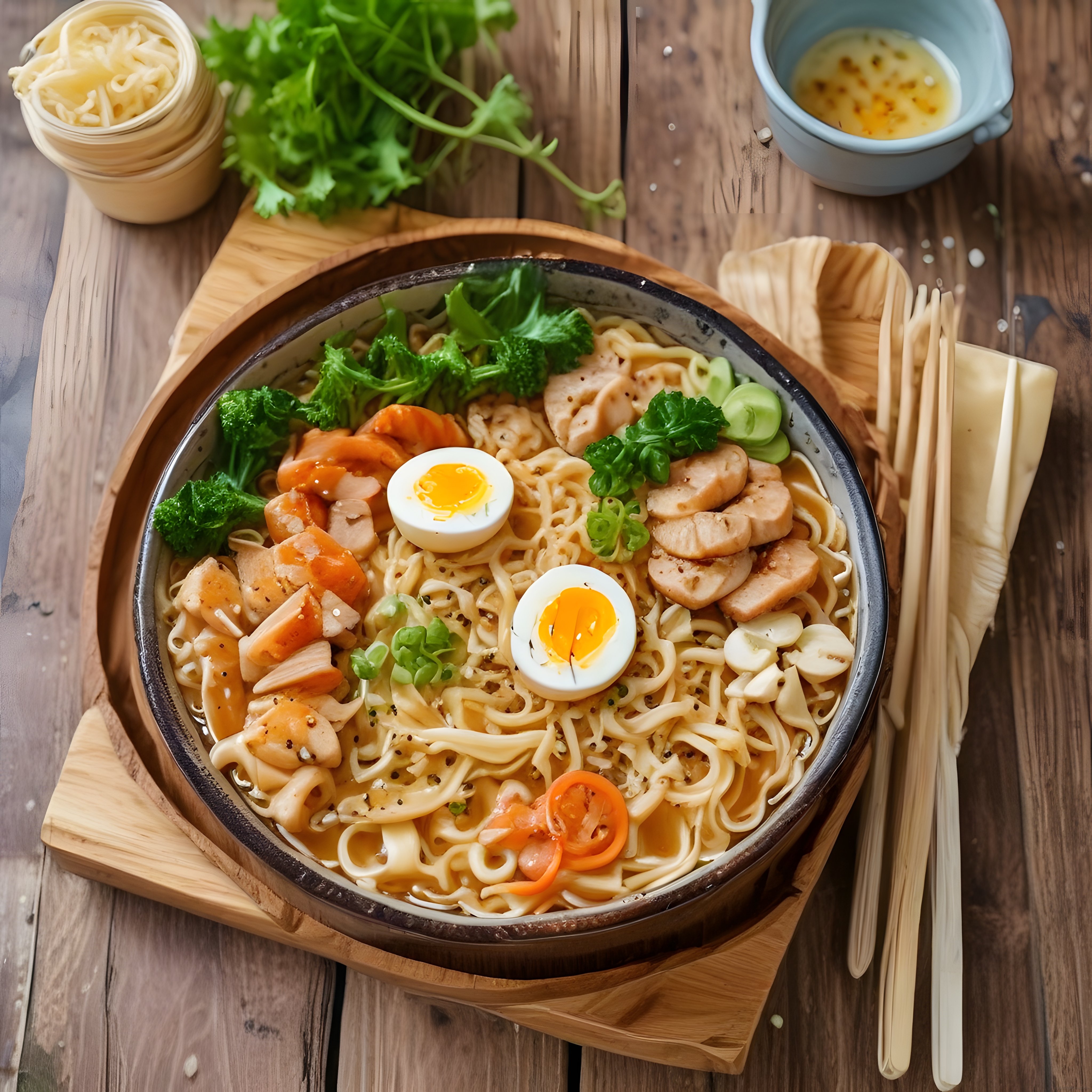 Ahşap Masada Tavuklu Ve Sebzeli Sıcak Ramen Kasesi Üstten Görünüm