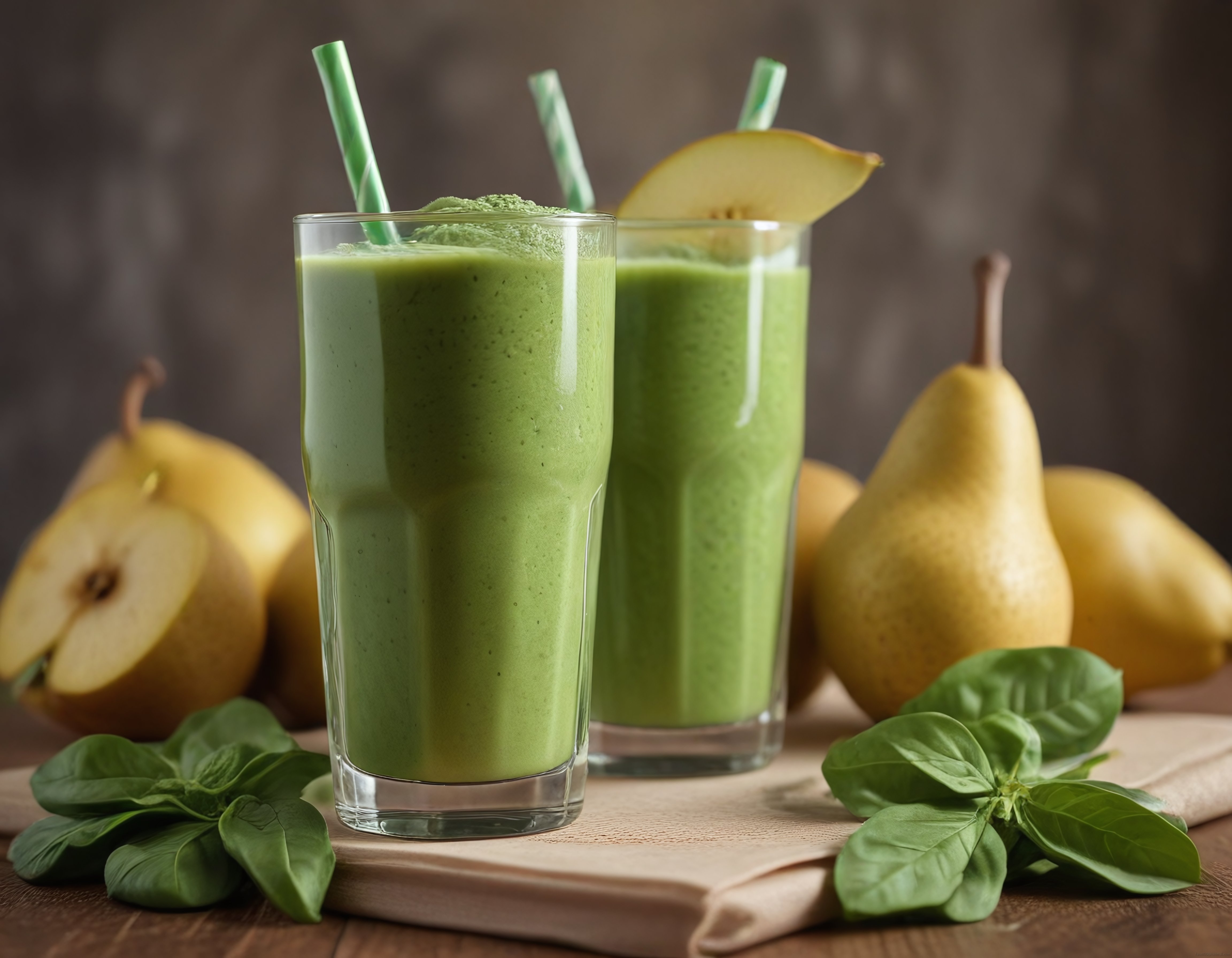 Ahşap Masada Taze Armut ve Fesleğenli Yeşil Detoks Smoothie Sunumu