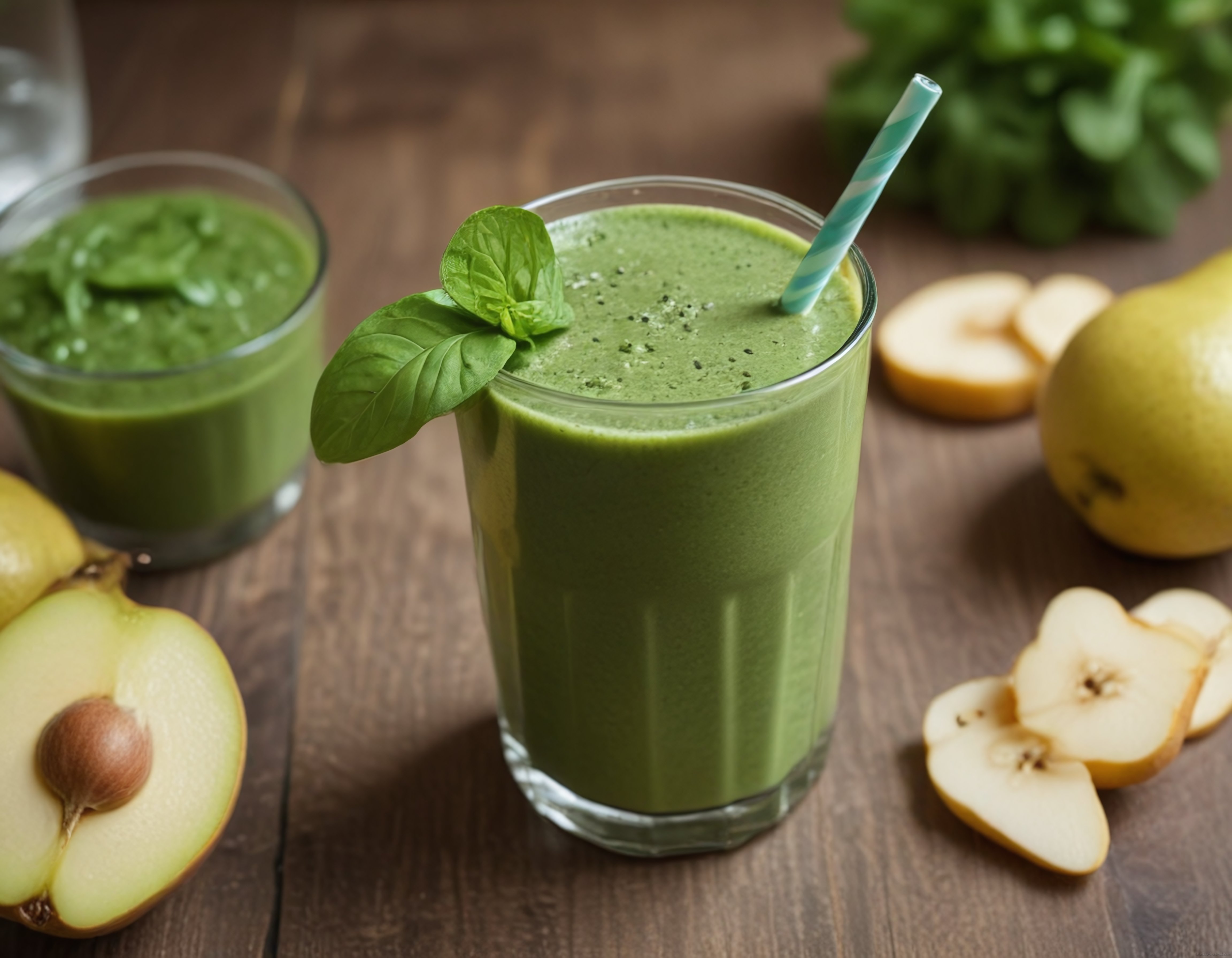 Ahşap Masada Taze Armutlu ve Fesleğenli Sağlıklı Yeşil Detoks Smoothie