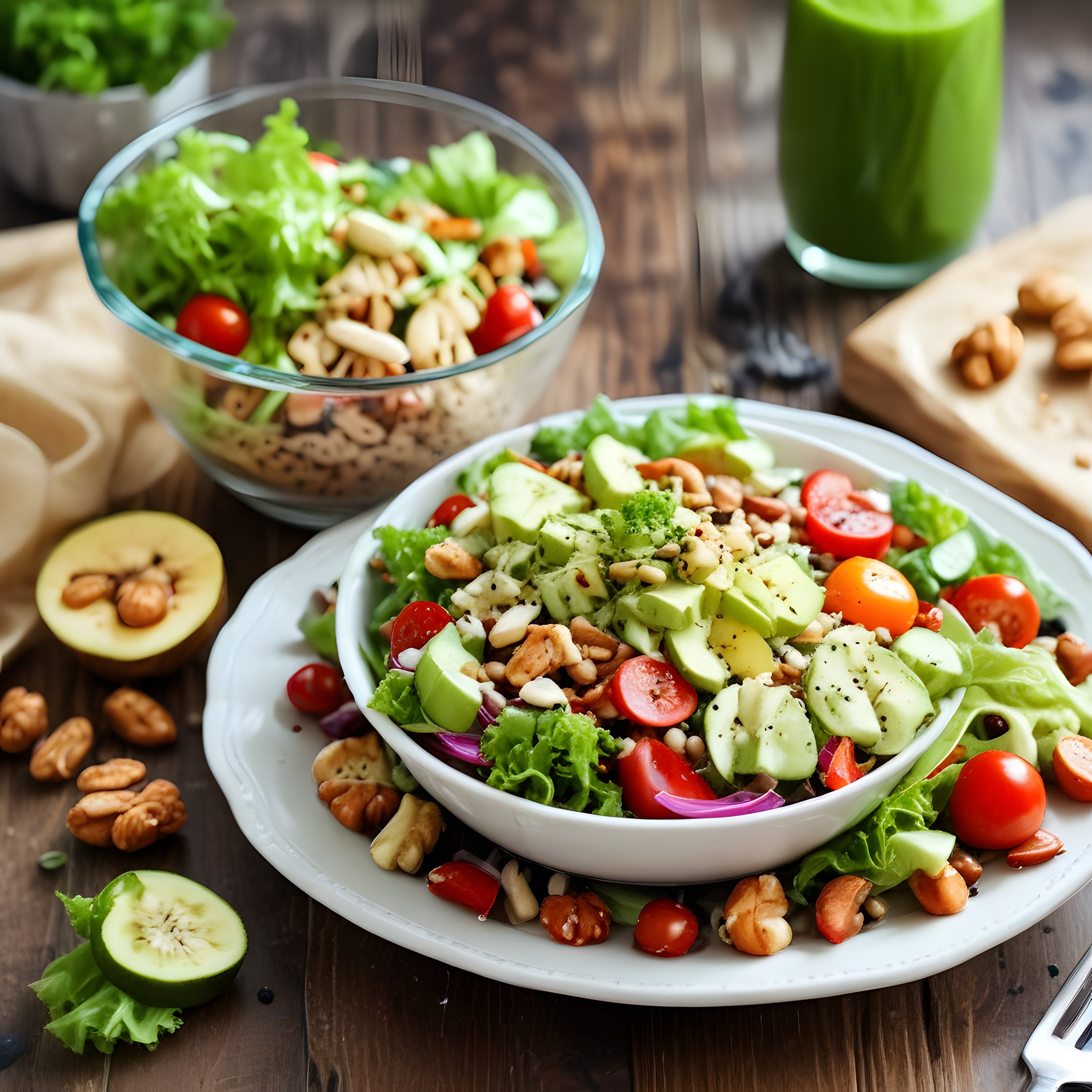 Ahşap Masada Taze Avokadolu Cevizli Salata ve Yeşil Smoothie Sunumu