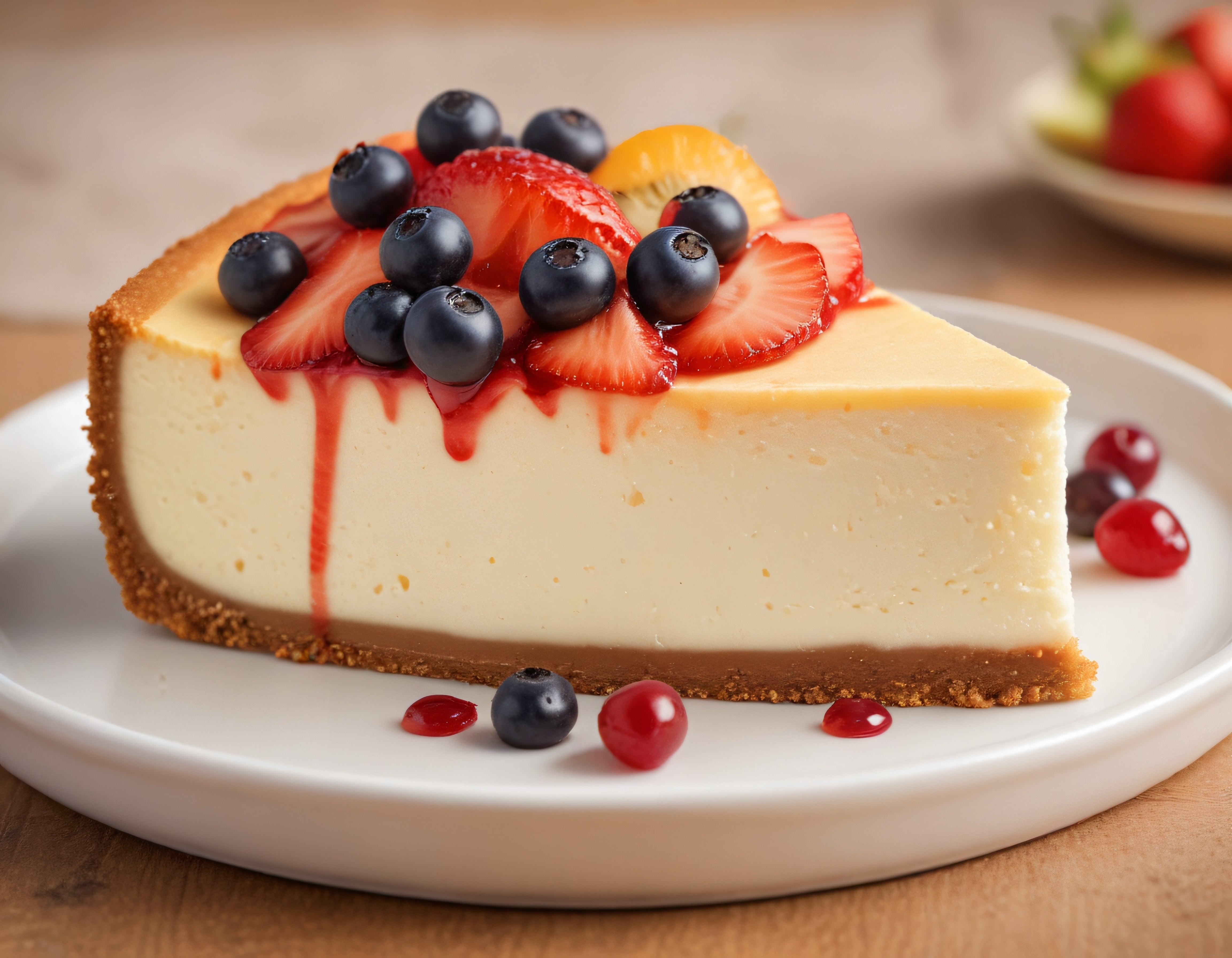 Ahşap Masada Taze Çilek ve Yaban Mersini Süslemeli Cheesecake