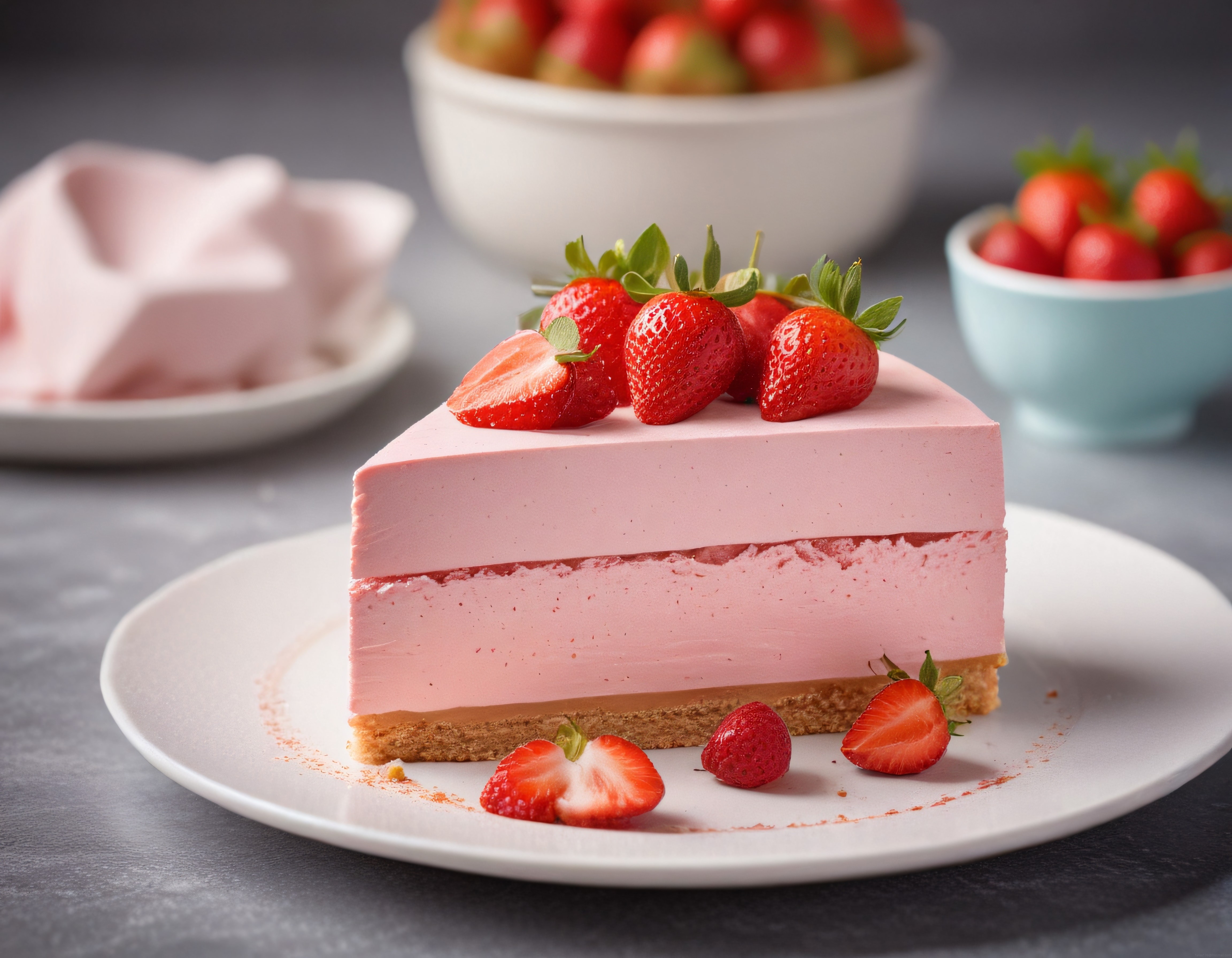 Ahşap Masada Taze Çileklerle Süslenmiş Katlı Pembe Cheesecake Dilimi
