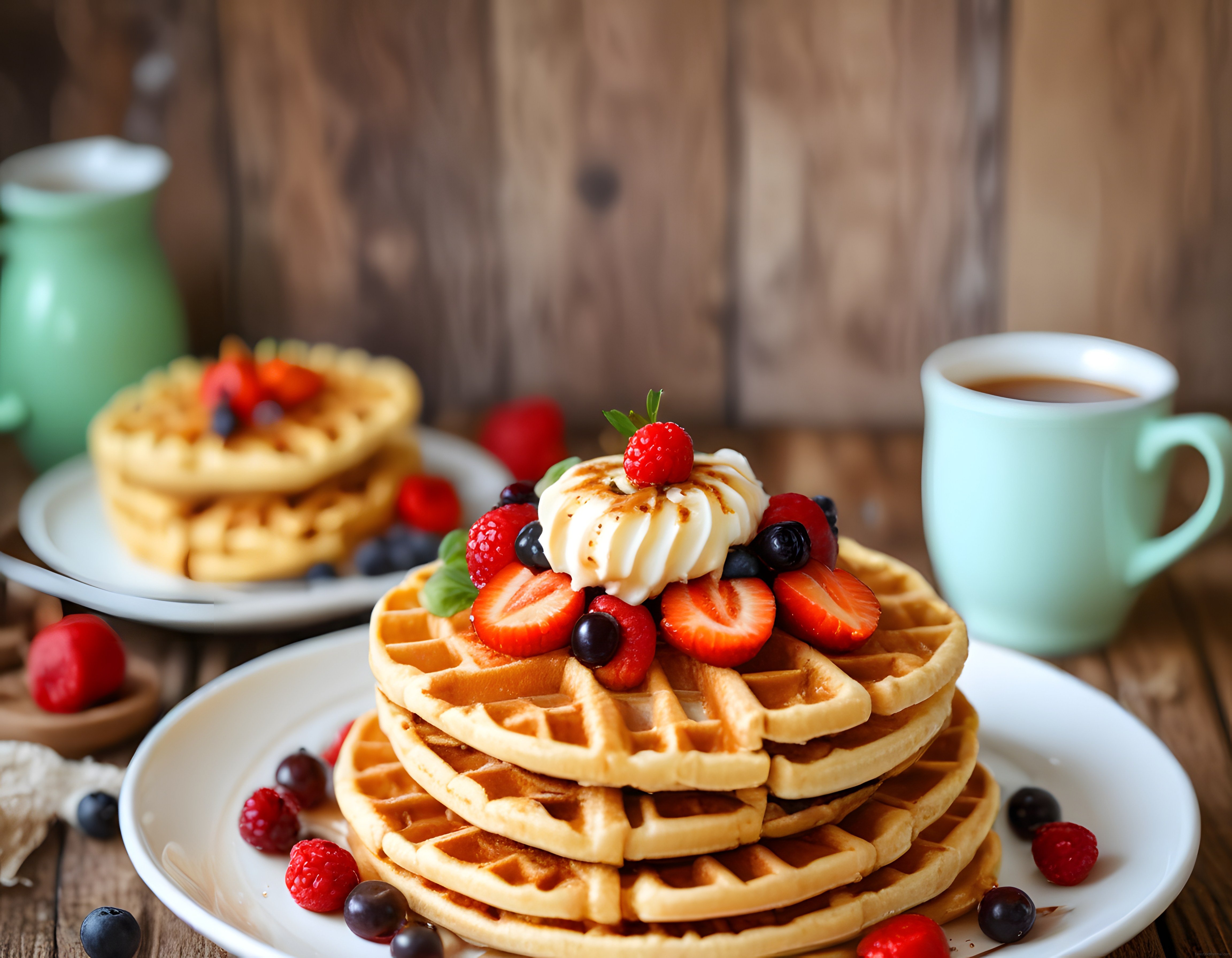 Ahşap Masada Taze Çilekli ve Kremalı Waffle ile Davetkar Bir Kahvaltı Sunumu
