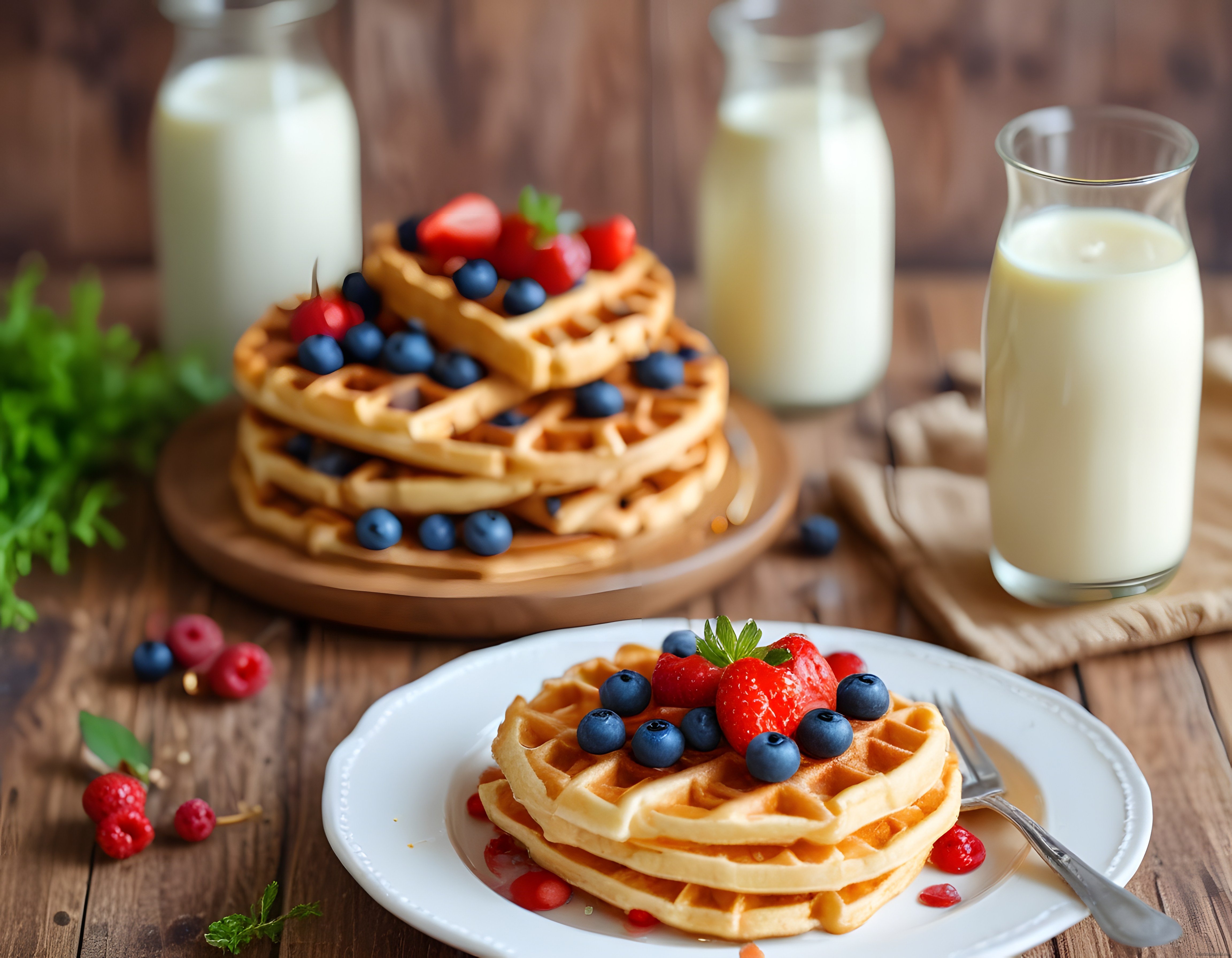 Ahşap Masada Taze Çilekli Yaban Mersinli Waffle ve Süt ile Kahvaltı Sunumu