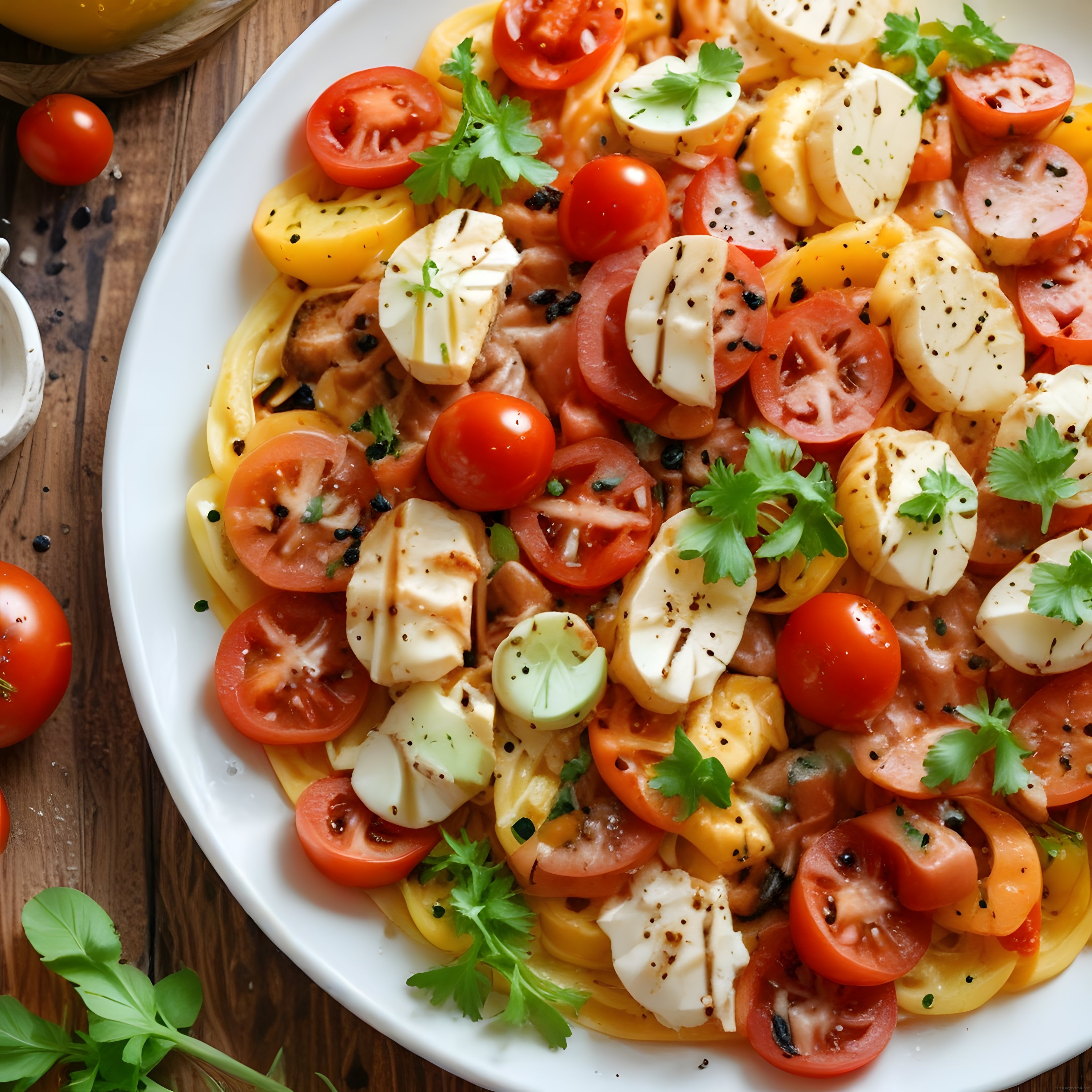 Ahşap Masada Taze Domates Mozarella Salatası ve Yeşillik Süslemeleri