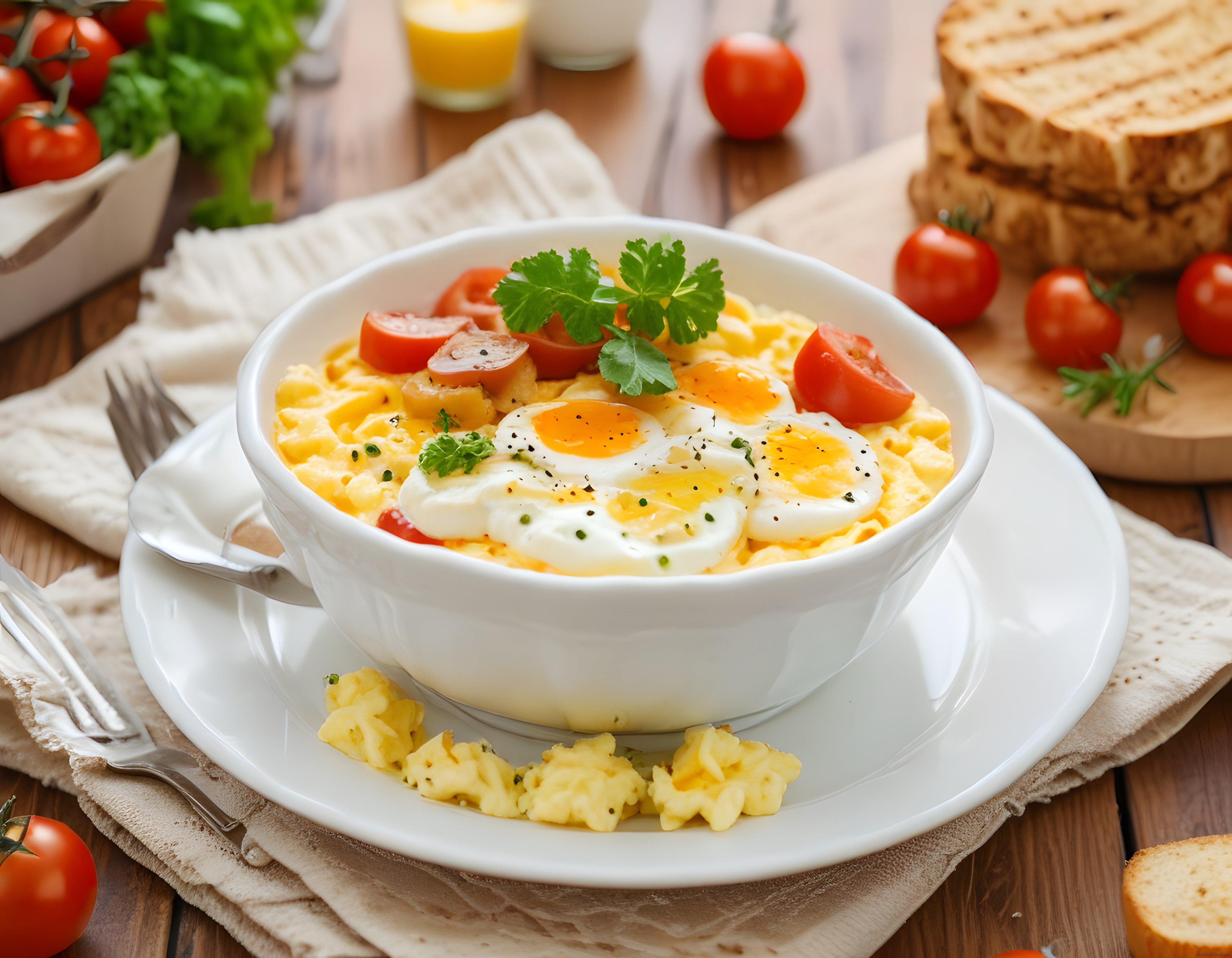 Ahşap Masada Taze Domates ve Ekmek Eşliğinde Kahvaltılık Yumurta Tabağı
