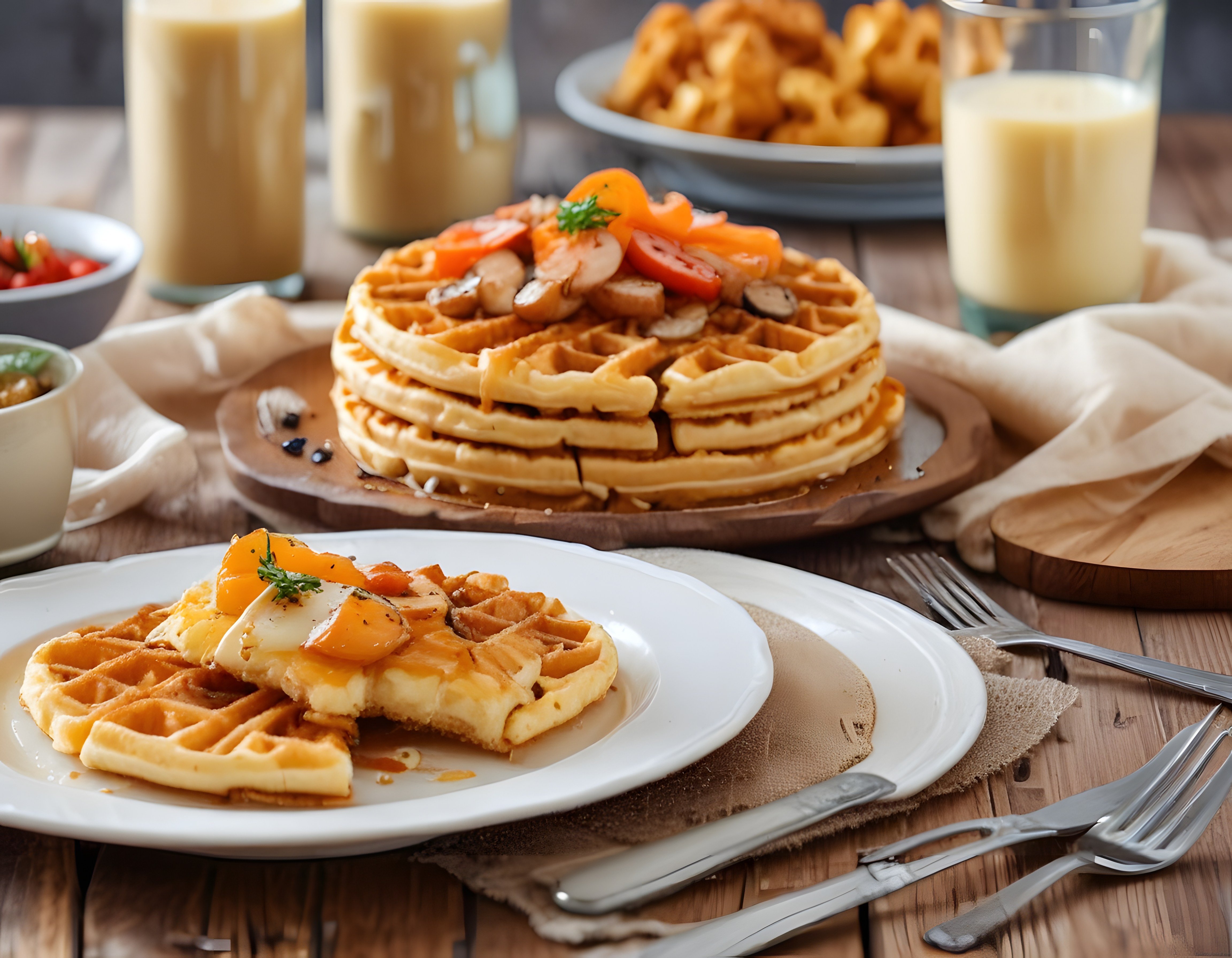 Ahşap Masada Taze Domates ve Mantarlı Waffle ile Kahvaltı Sunumu