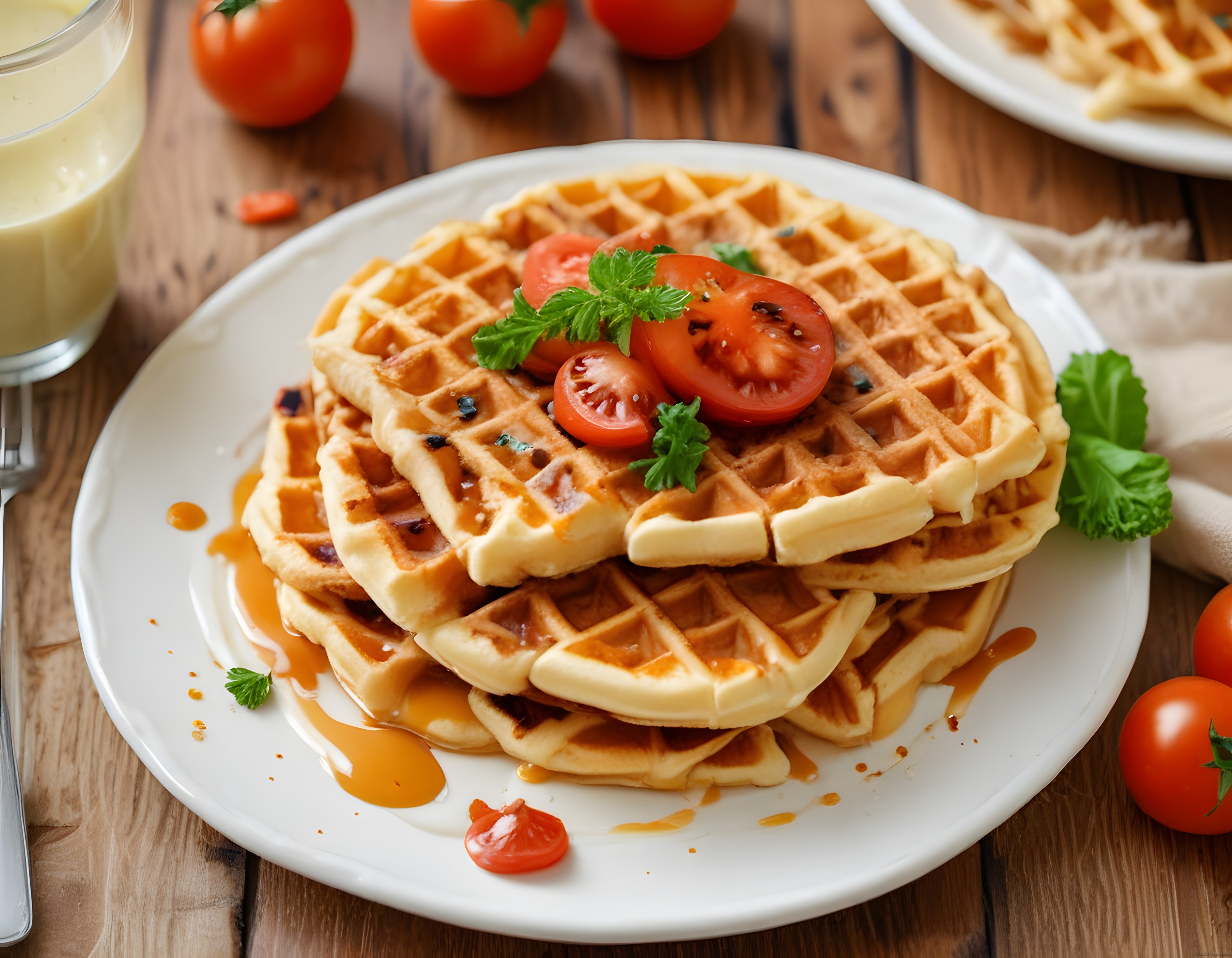 Ahşap Masada Taze Domates ve Soslu Ev Yapımı Waffle Kahvaltı Tabağı